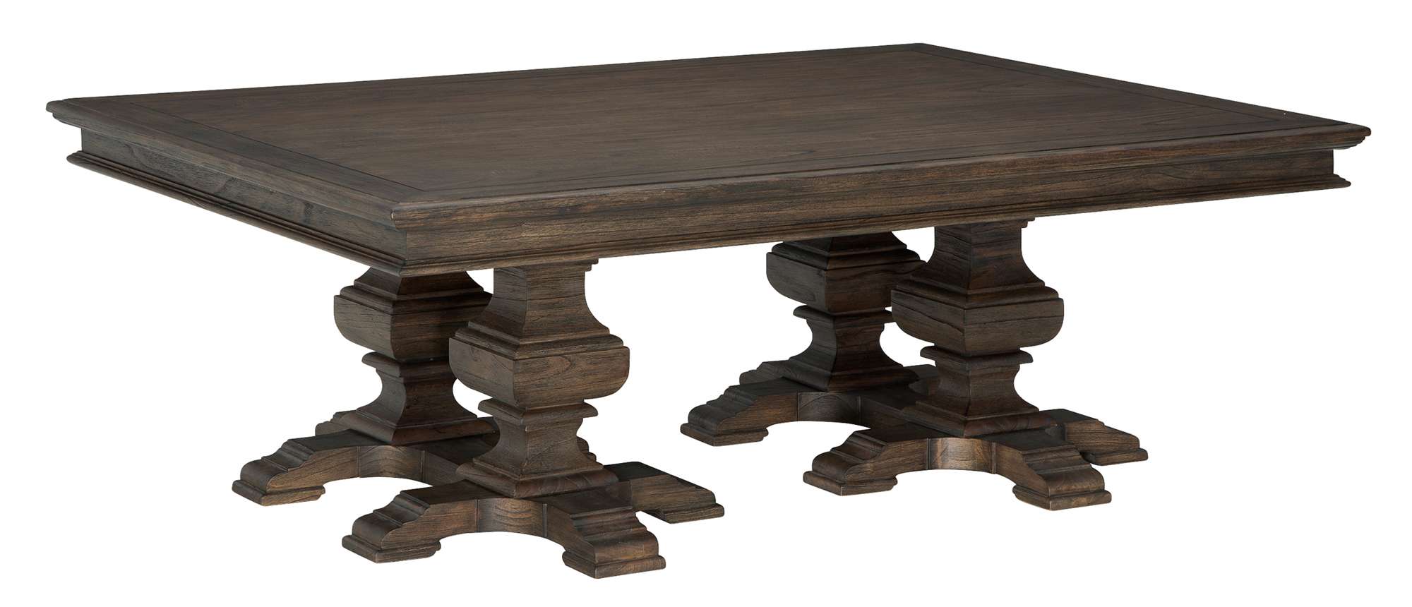 Wellington Estates coffee table with molded edge top, quadruple hand-turned urn pedestal base, and Java finish