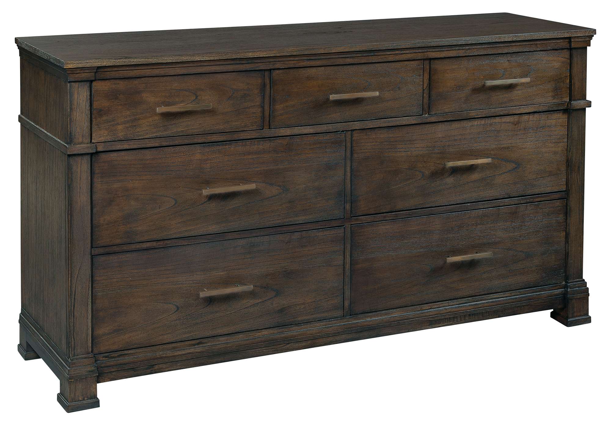 Linwood dresser with seven spacious drawers, dark wood finish, dust partitions, and felt-lined top drawers with wood guides