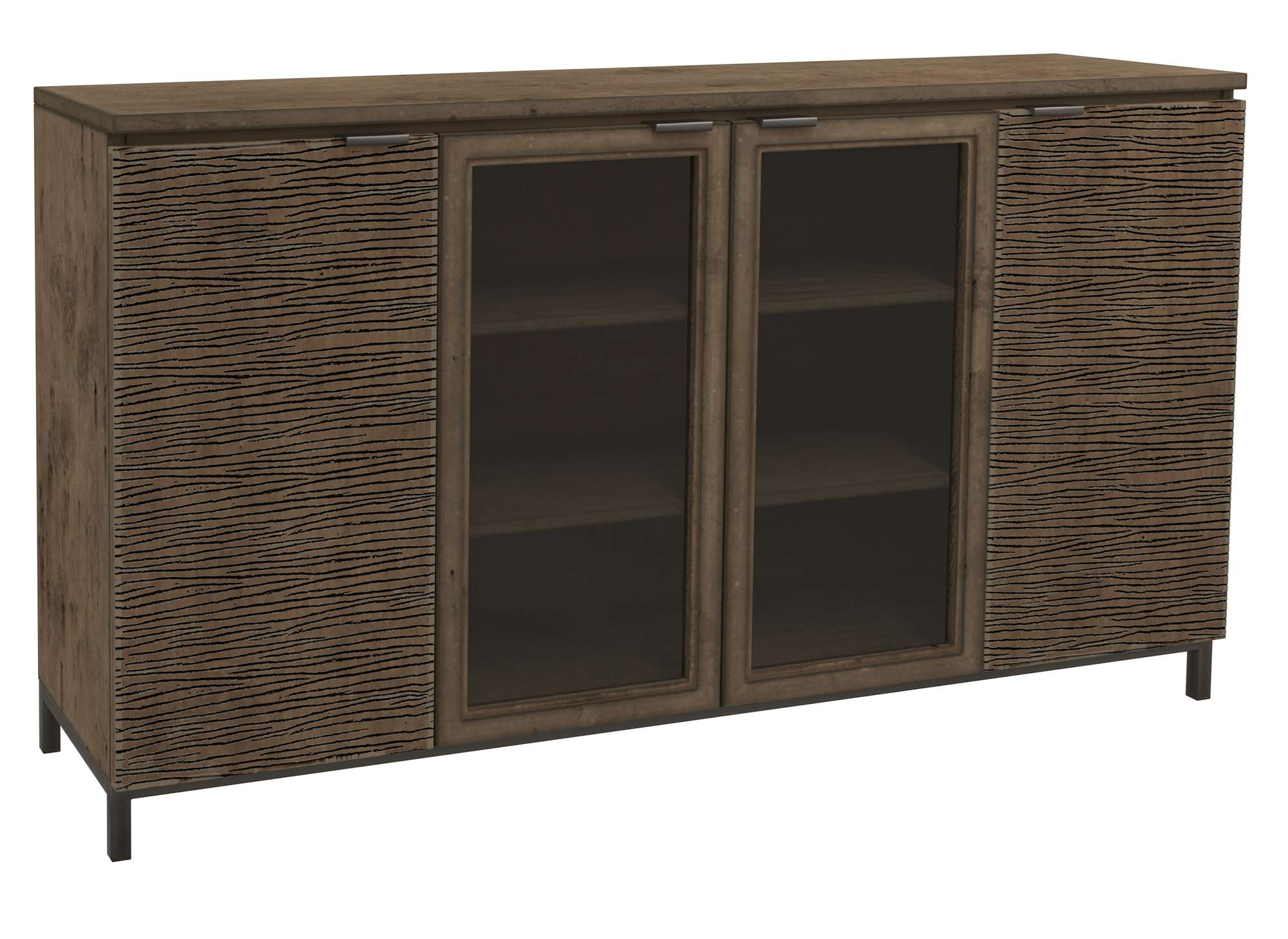 Organic Living Four-Door Entertainment Console with wood texture doors, two glass panels, and dark metal legs
