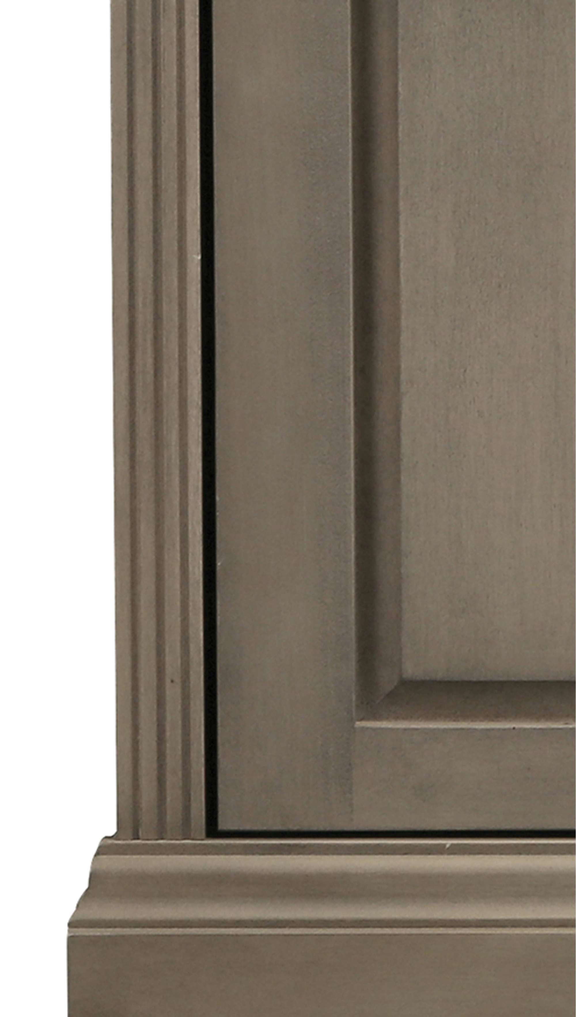 Close-up of custom office desk corner with fluted column and aged oak finish quality wood detailing