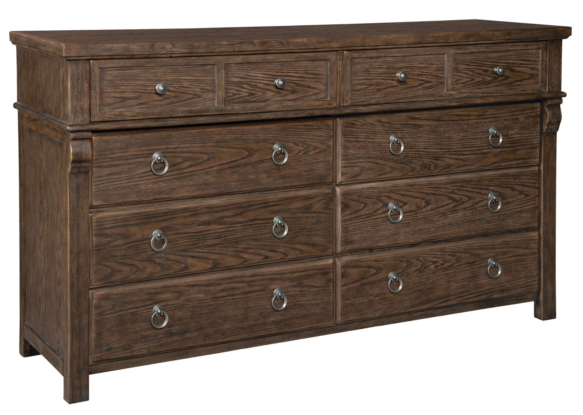 Wexford dresser with eight oak veneer and mindi wood drawers, two cantilevered top drawers, antique pewter ring pulls