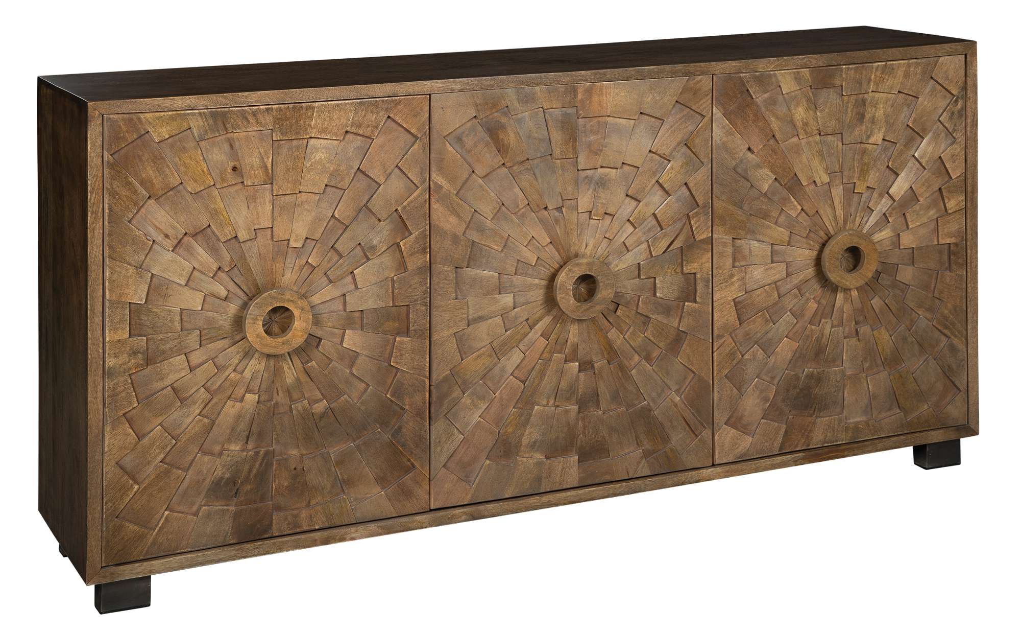 Entertainment console with mango wood, starburst shingle door design, aged iron hardware, and special reserve wood finish