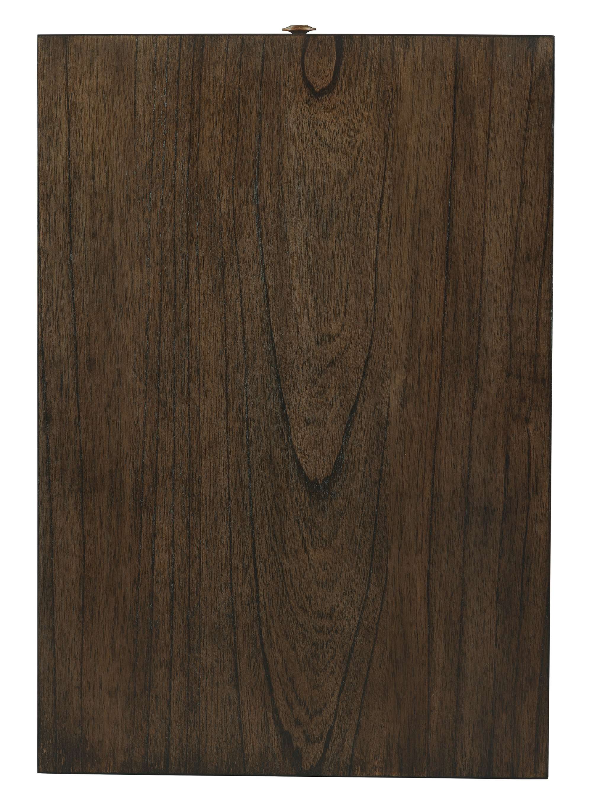 Linwood chairside chest top view in mindi solids and veneers with Linwood finish and soft antique brass hardware