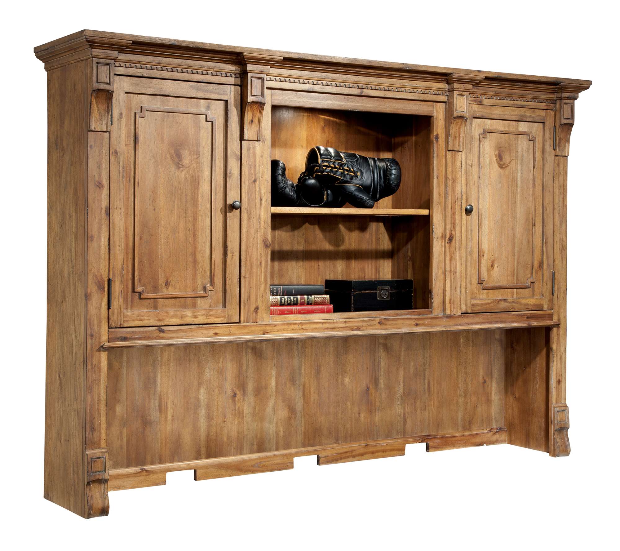 Wellington Hall Office Executive Desk hutch with acacia wood, two doors, adjustable shelves, and illuminated center bookcase with task lighting