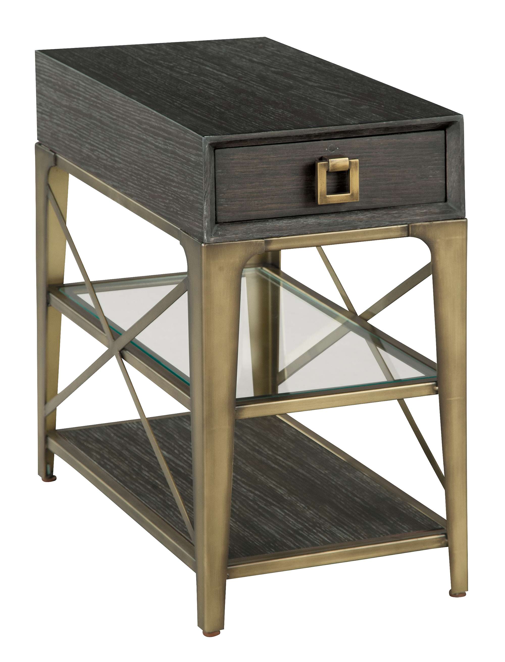 Edgewater end table with oak veneer top, single drawer, glass and wood shelves, cast metal antique brass pull, and metal frame
