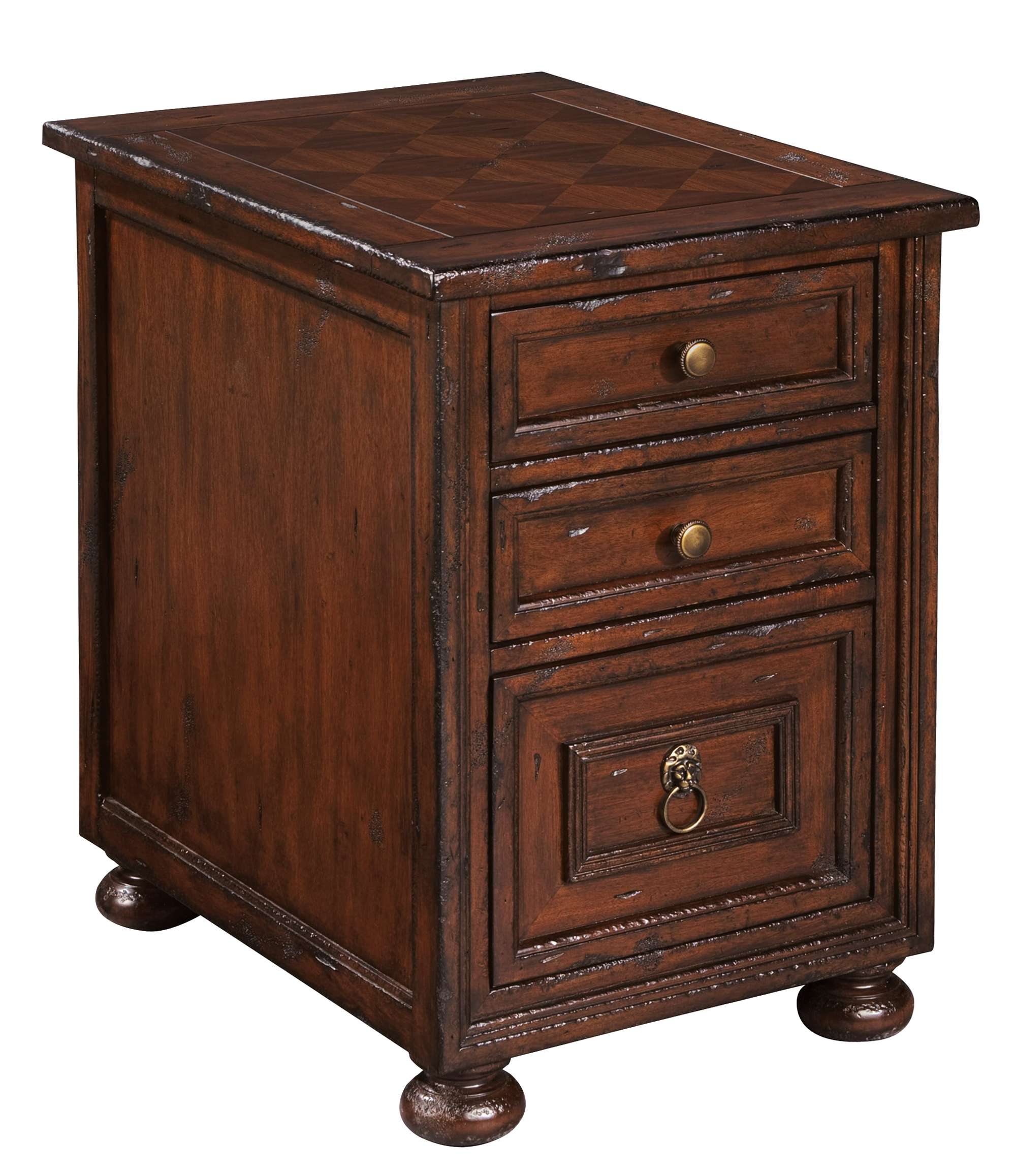 Havana chairside chest with mahogany solids and veneers, antique finish, three drawers, distressed look, and antique brass hardware