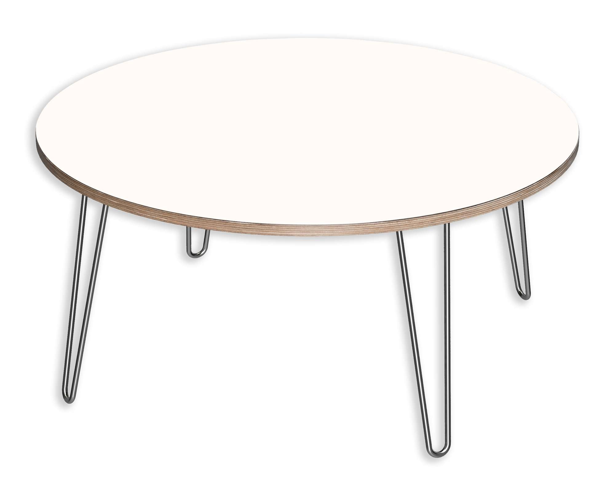 Round coffee table with white waterproof DesignerPly top, mid-century ply edges, and four metal hairpin legs