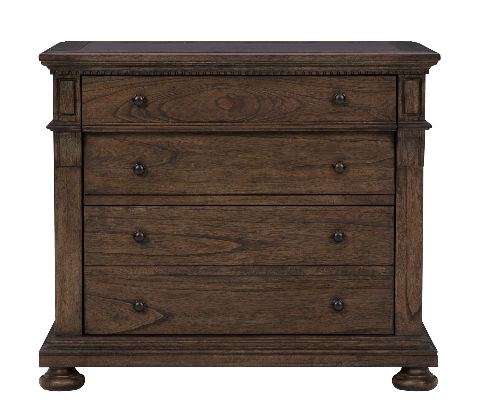Wellington Estates executive file cabinet with mindi wood, leather top panel, locking drawer, and antique rustic finish