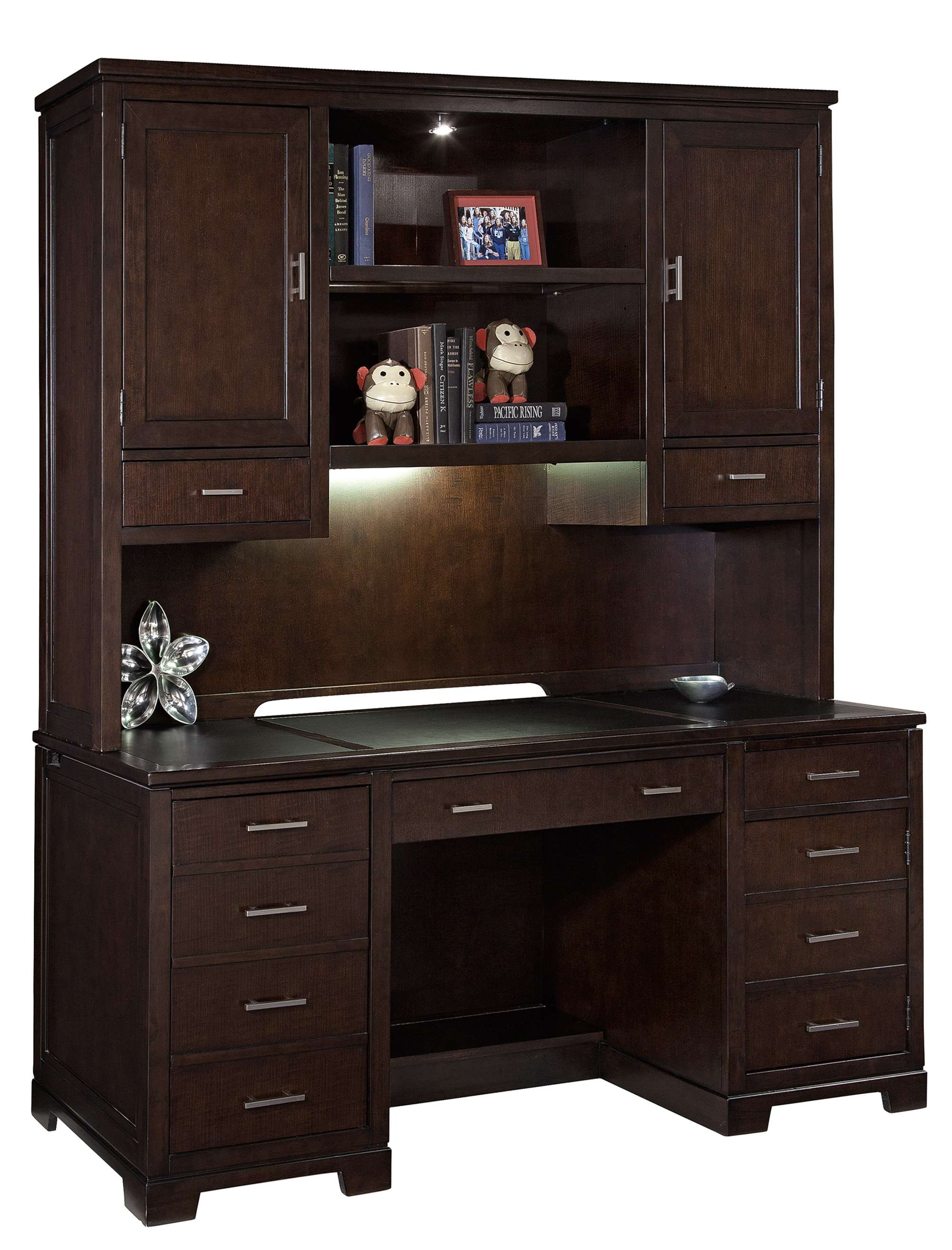 Mocha Executive Desk with ash solids and veneers, two-door cabinets, beveled glass center doors, adjustable shelves, and illuminated bookcase