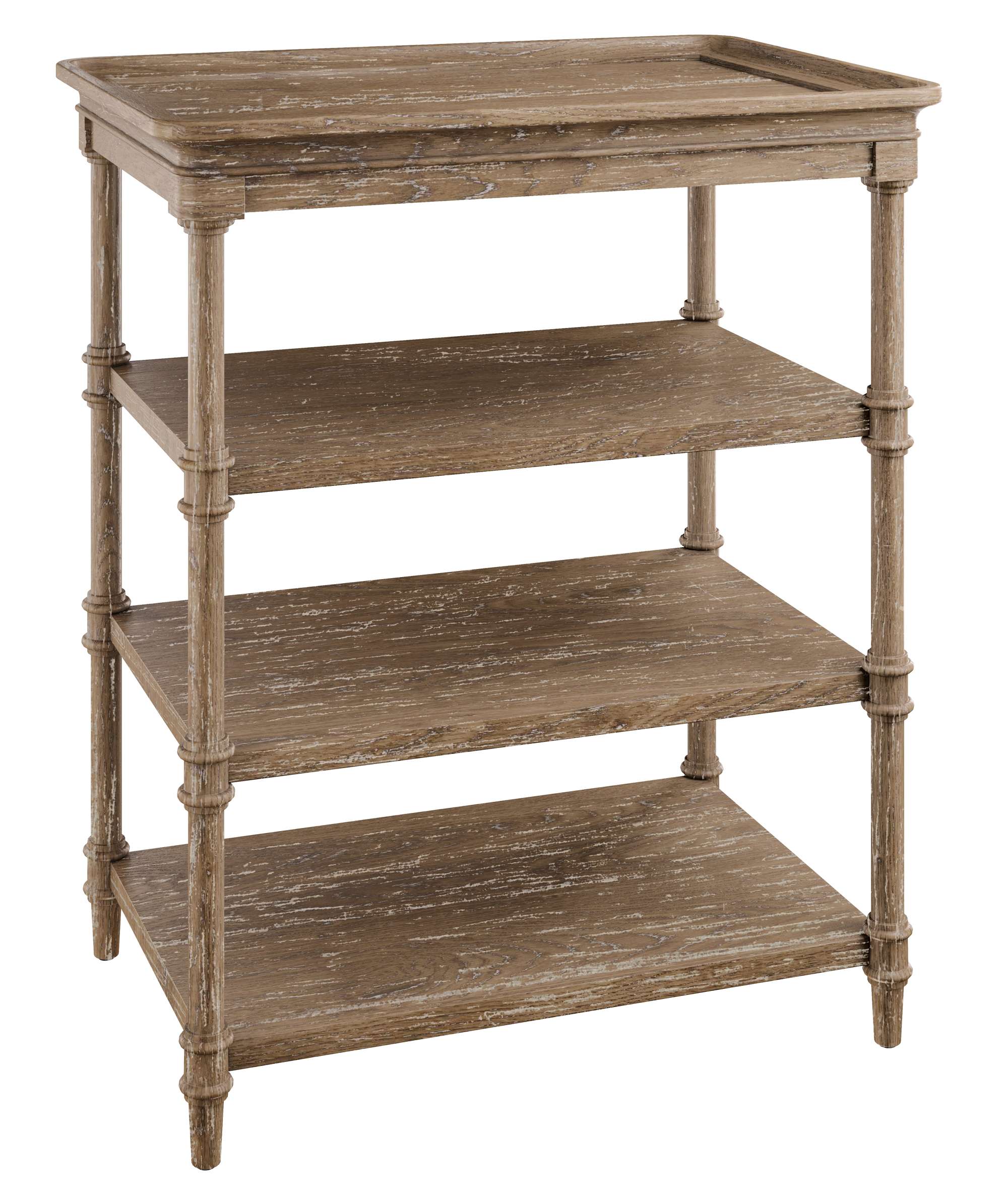 Chateaux End Table with tray-shaped top, three open shelves, and distressed wood finish for classic rustic charm