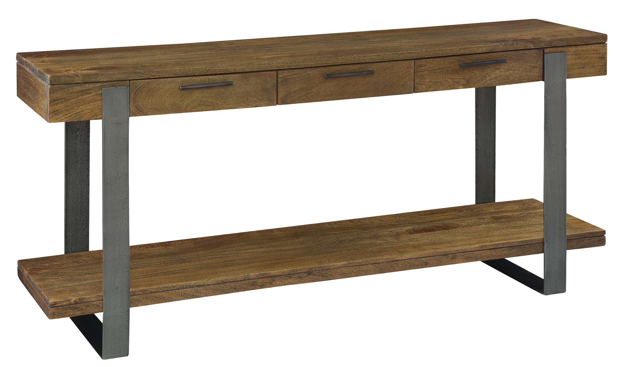 Bedford Park sofa table with mango solid top, forged iron base, three drawers with wood slides, and lower shelf