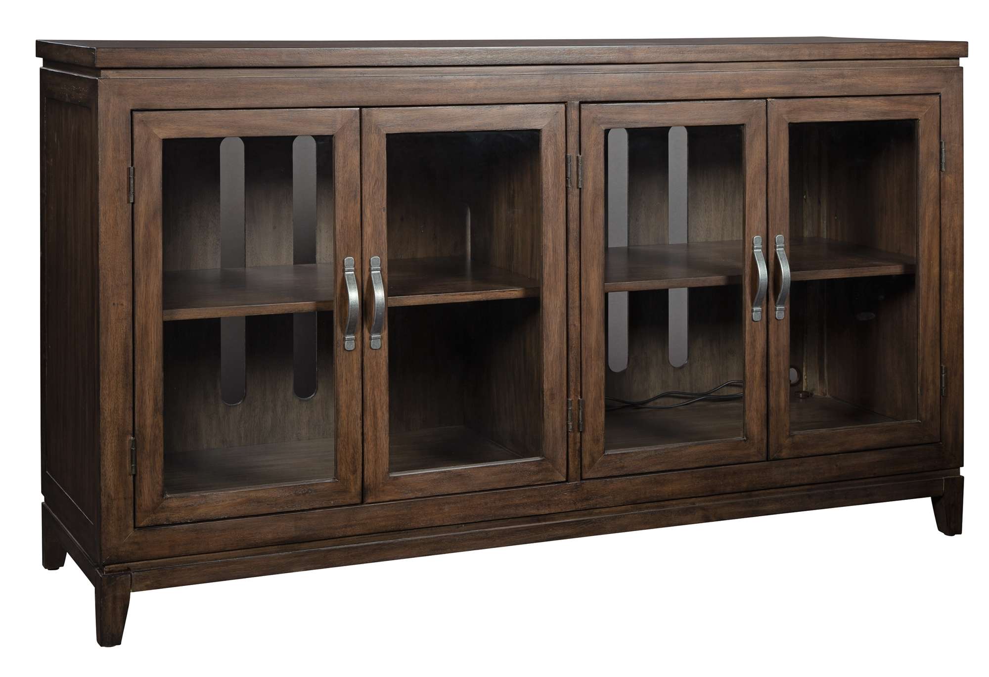 Entertainment Console with select veneers and solids, four wood-framed glass doors, pewter hardware, and adjustable shelves