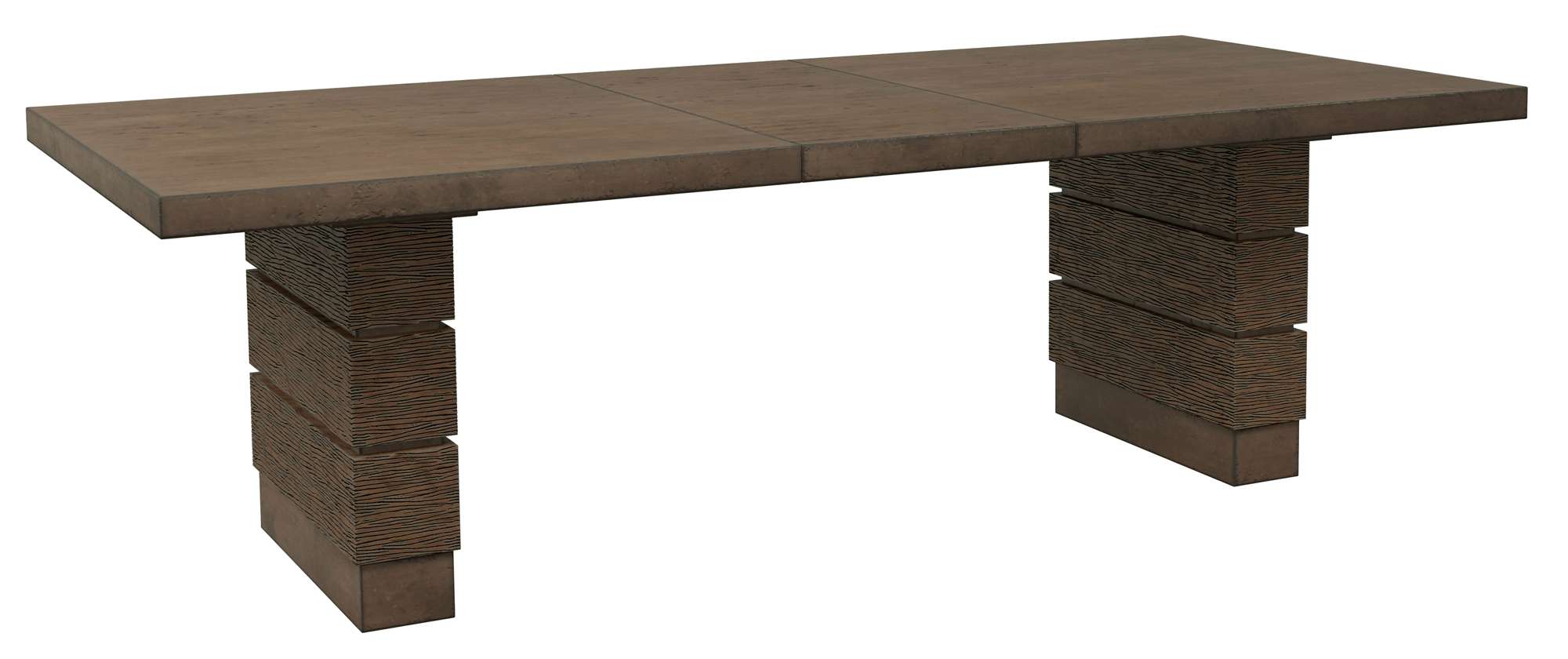 Rectangle double pedestal dining table with textured dark wood finish and modern geometric base design