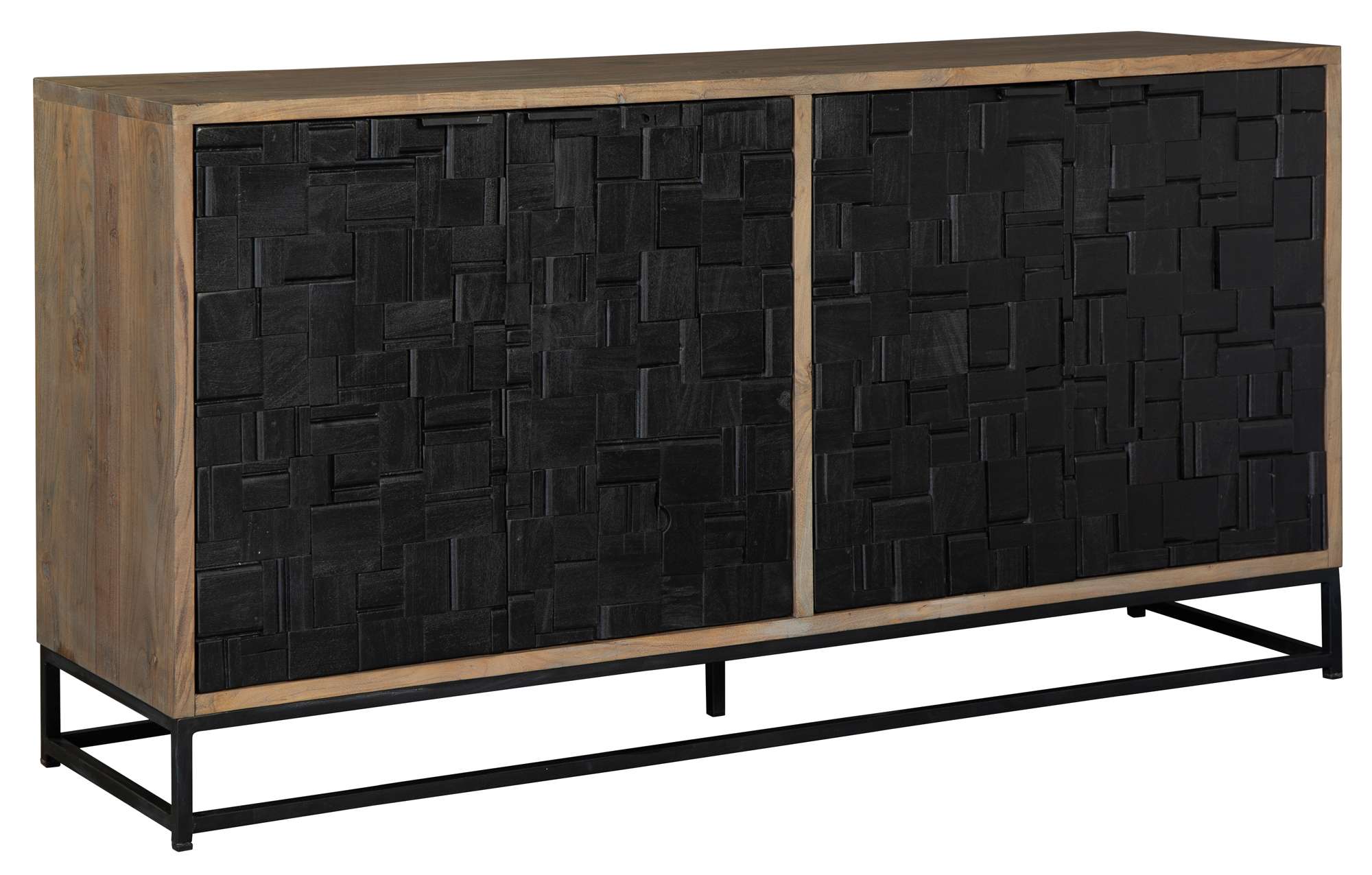 Entertainment console with four parquet patterned black doors, solid mango wood body, and black metal base