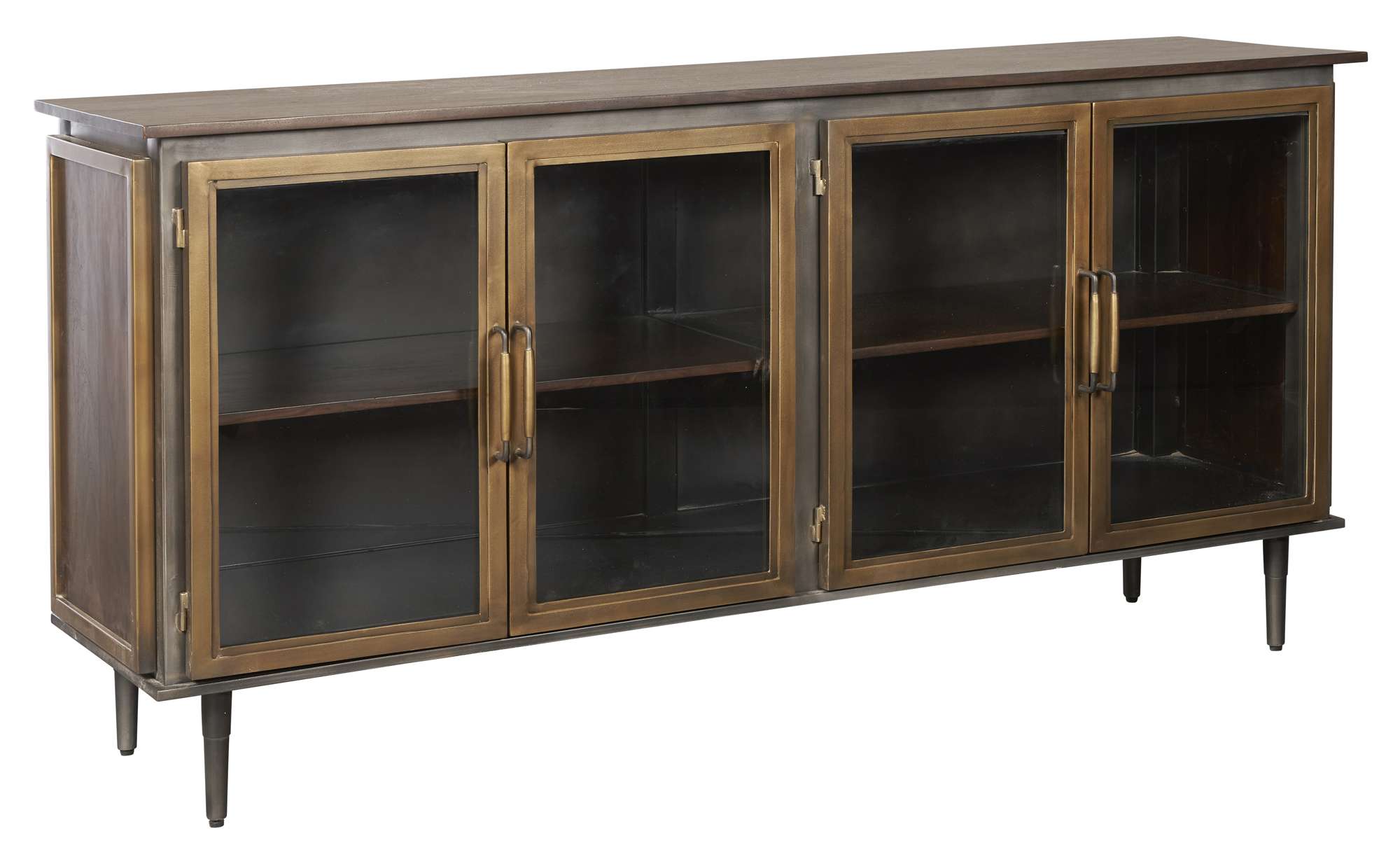 Mid-century style entertainment console with warm wood finish, glass paneled doors, metal handles, and tapered legs