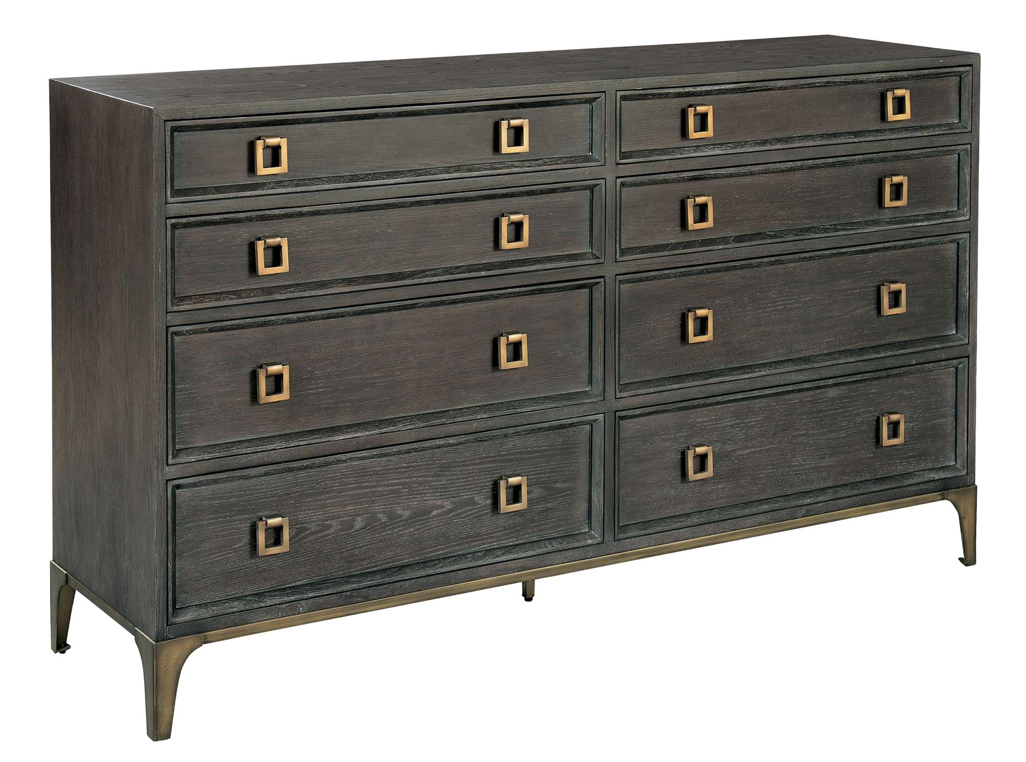Edgewater dresser with oak veneer and mindi solid wood, eight soft-close drawers, and metal base in dark finish