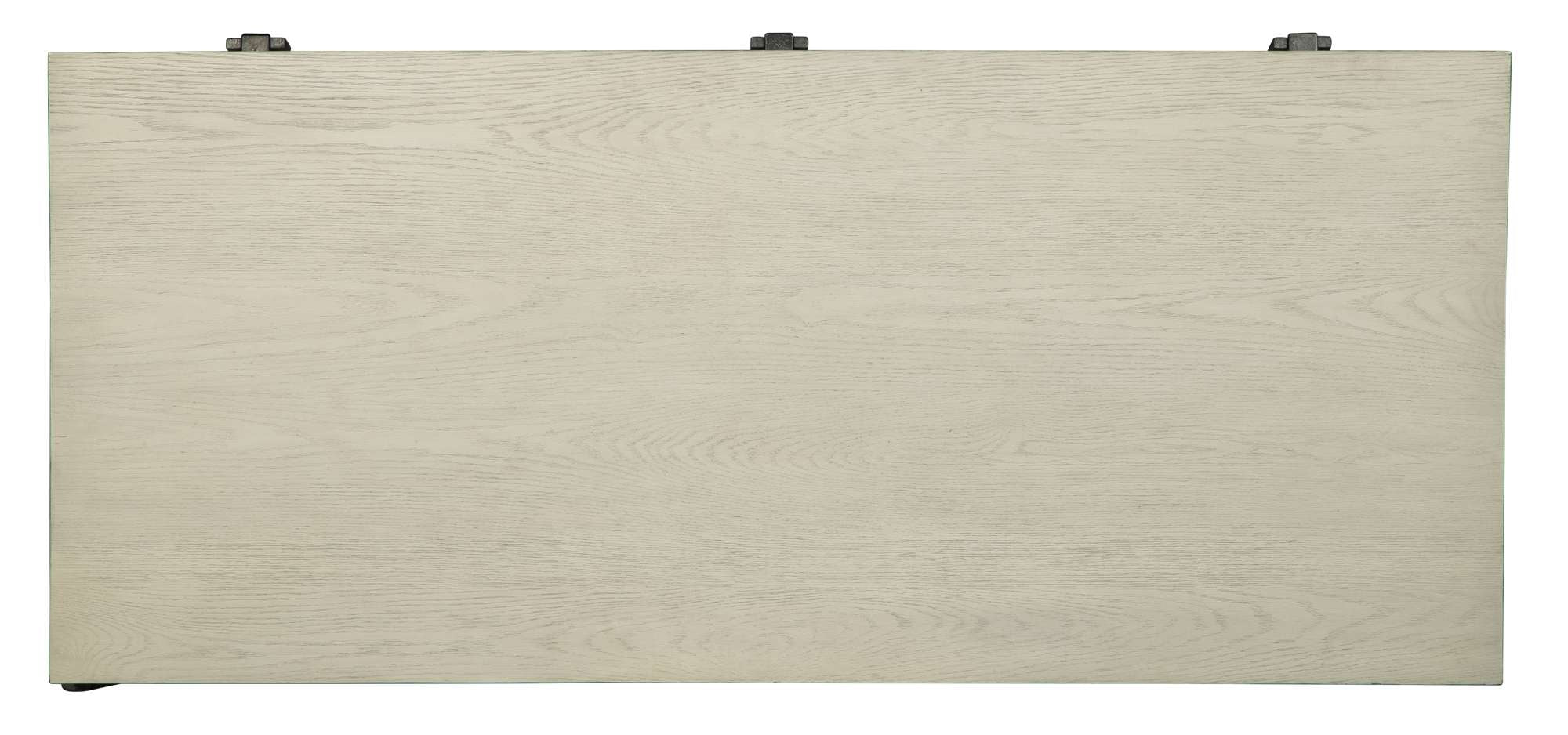 Top view of writing desk with select solids and red oak veneers in Special Reserve wood finish with pewter accents