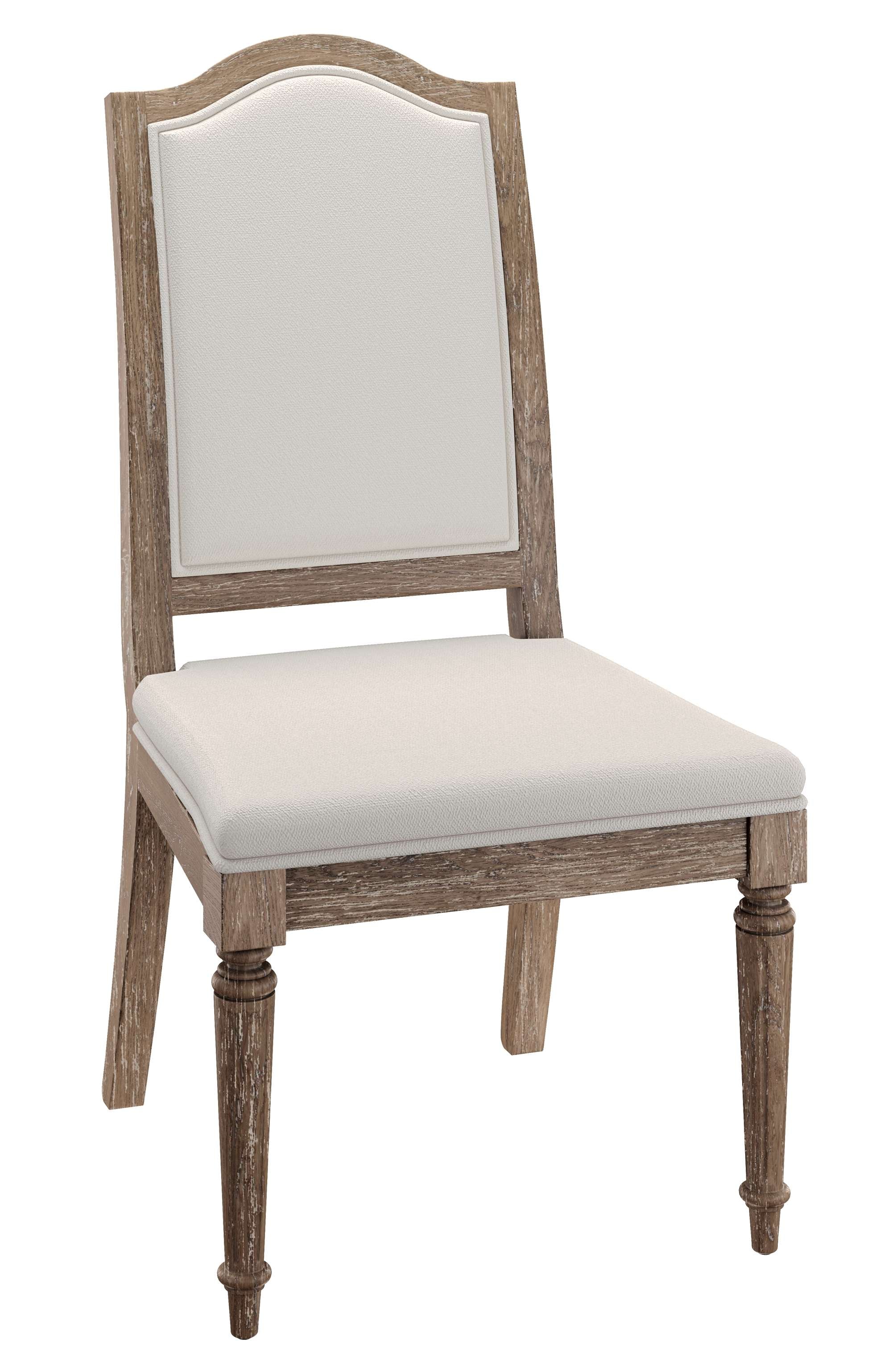 Side chair with Chateaux wood finish, upholstered back and seat panels in soft tone-on-tone fabric weave