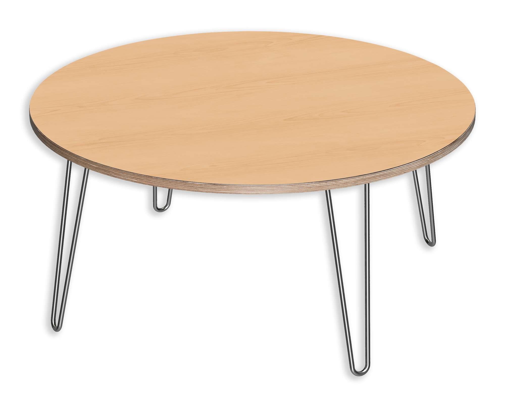 Round coffee table with natural maple multi-ply top and four black metal hairpin legs in modern design