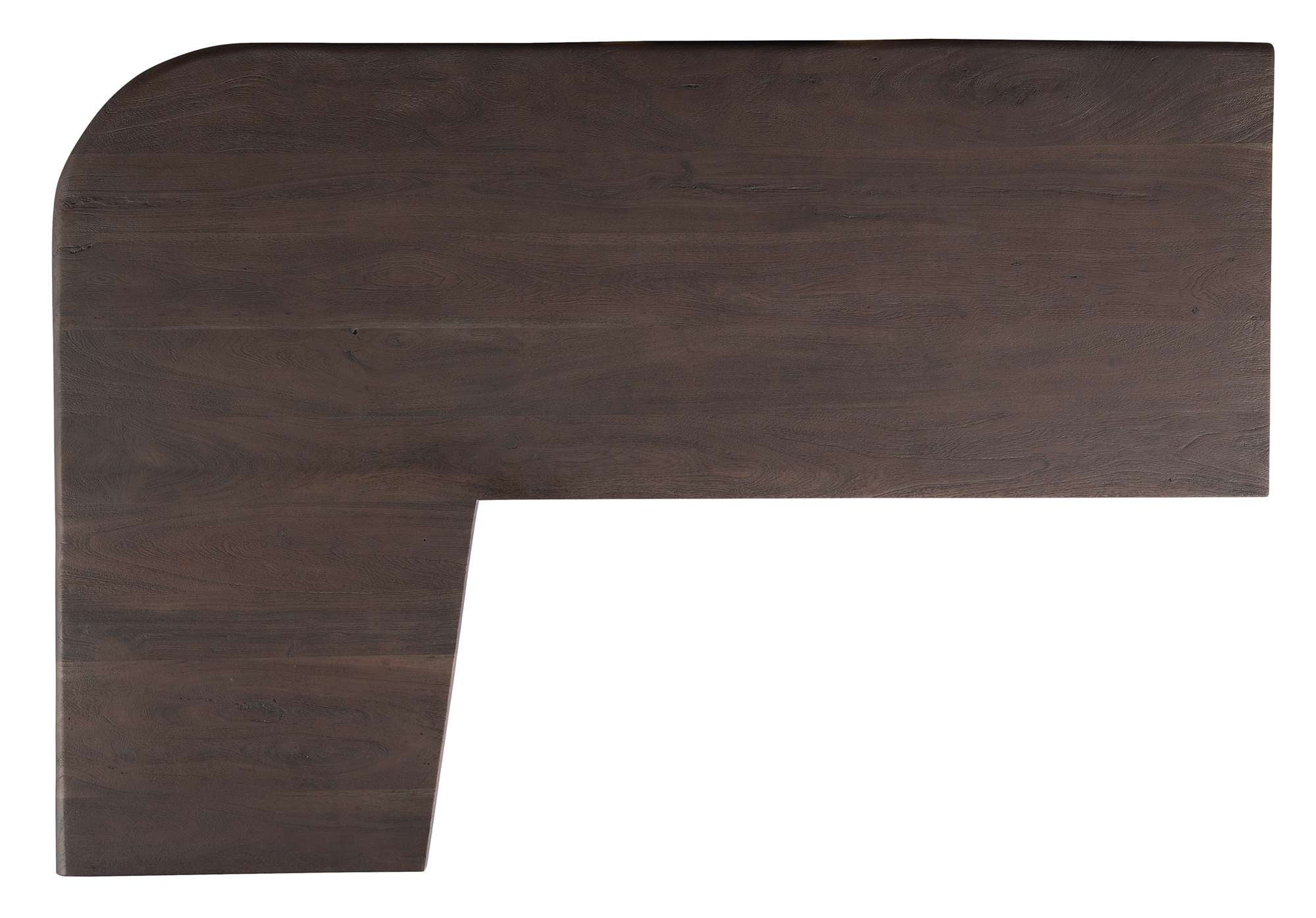 Solid acacia live edge desk top with sandblasted dark vinegar finish and unique L-shape design
