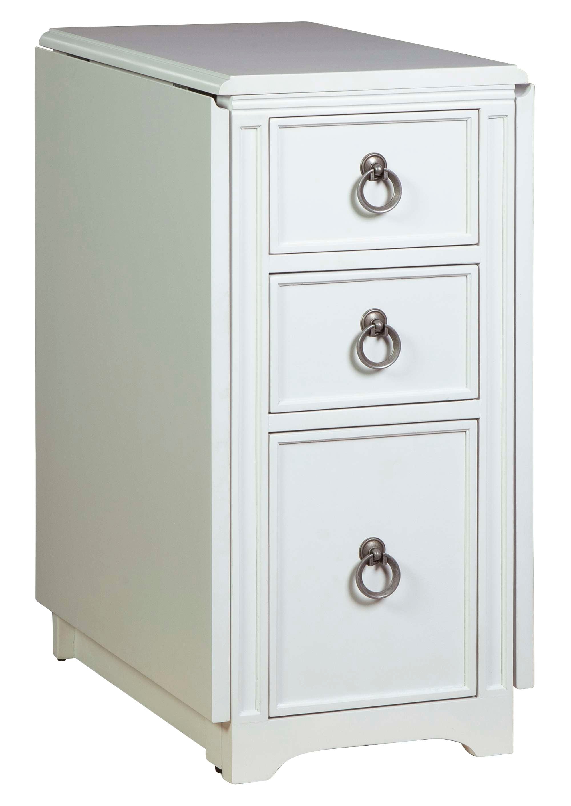 White drop leaf desk side cabinet with three drawers featuring metal ring pull handles and classic panel detailing