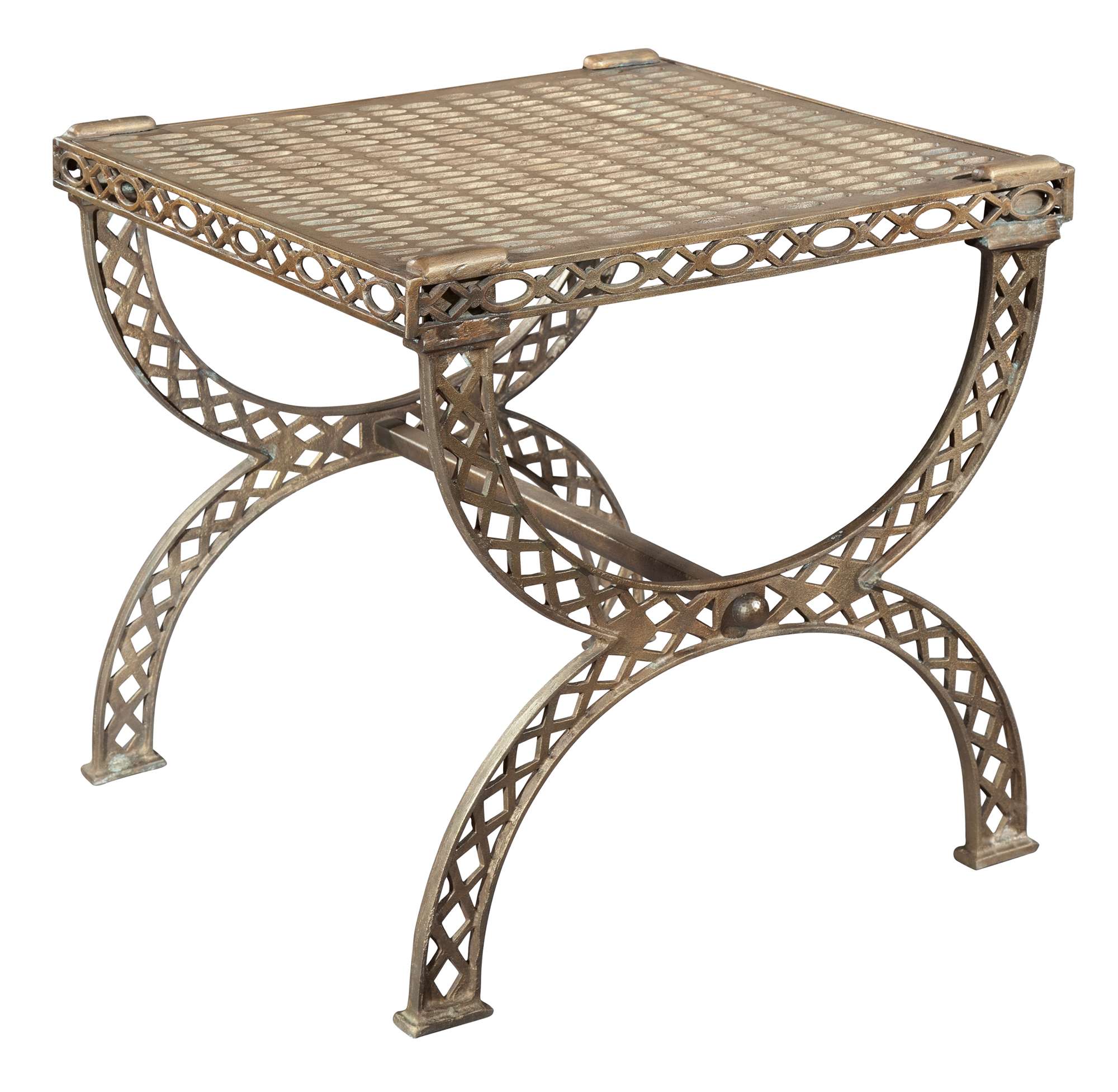 Cast aluminum end table with lattice patterned top and curved legs in antique bronze finish