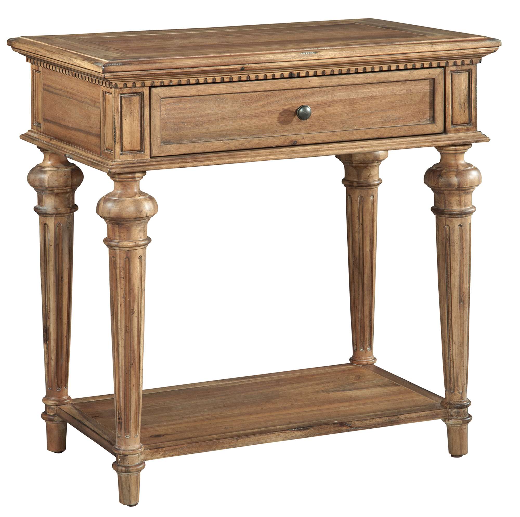 Wellington Hall single drawer nightstand with acacia veneer, tapered fluted legs, dentil molding, and antique brass hardware