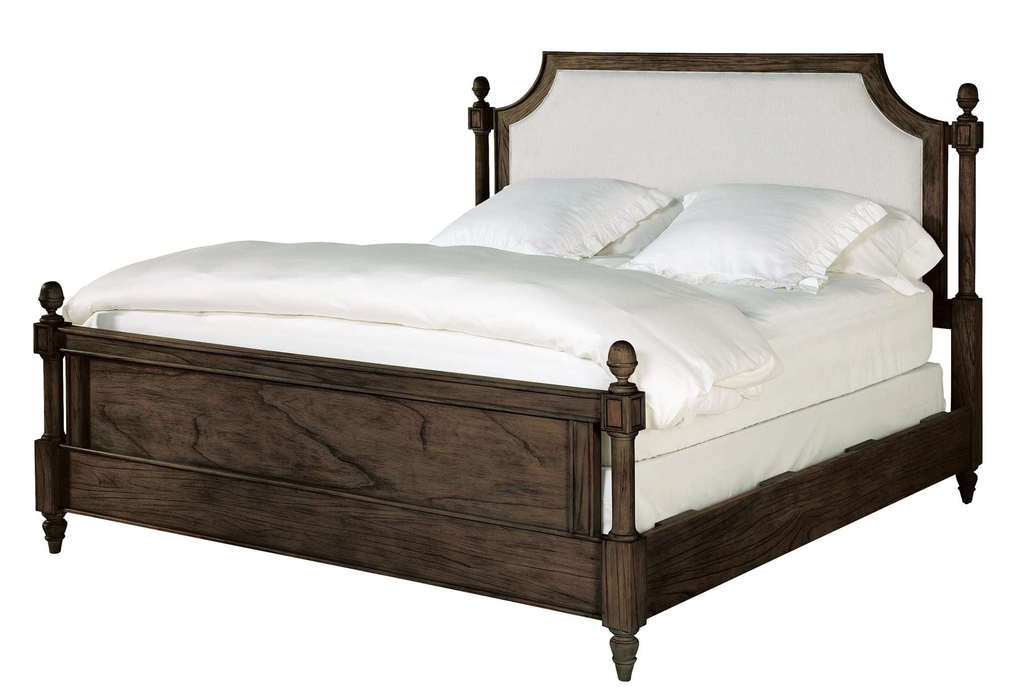 Wellington Estates King Upholstered Bed with mindi veneers, shaped headboard, inset panel, decorative medallions, and turned finials