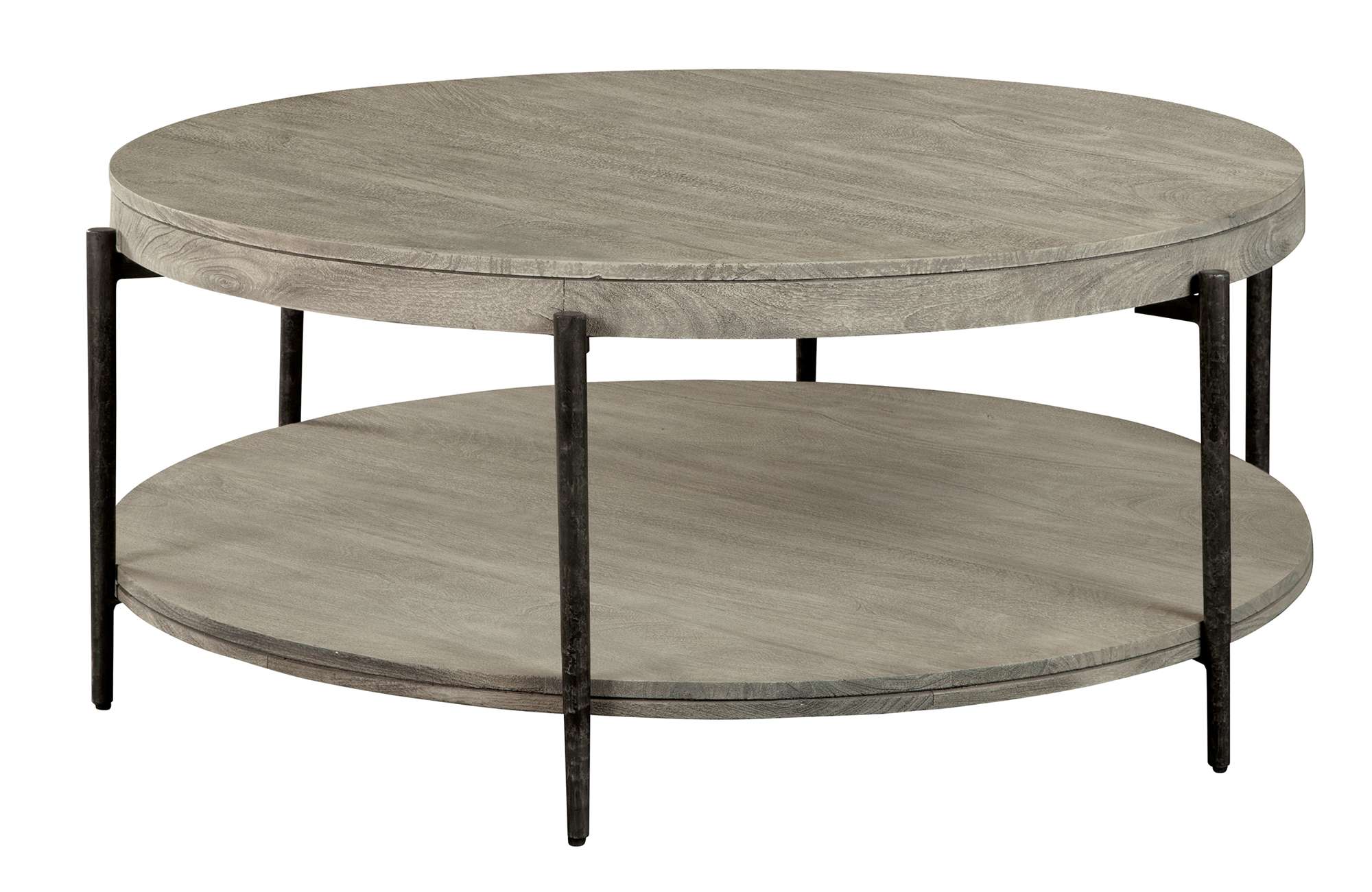 Bedford Park round coffee table with gray mango wood surfaces and forged iron legs for family-friendly style