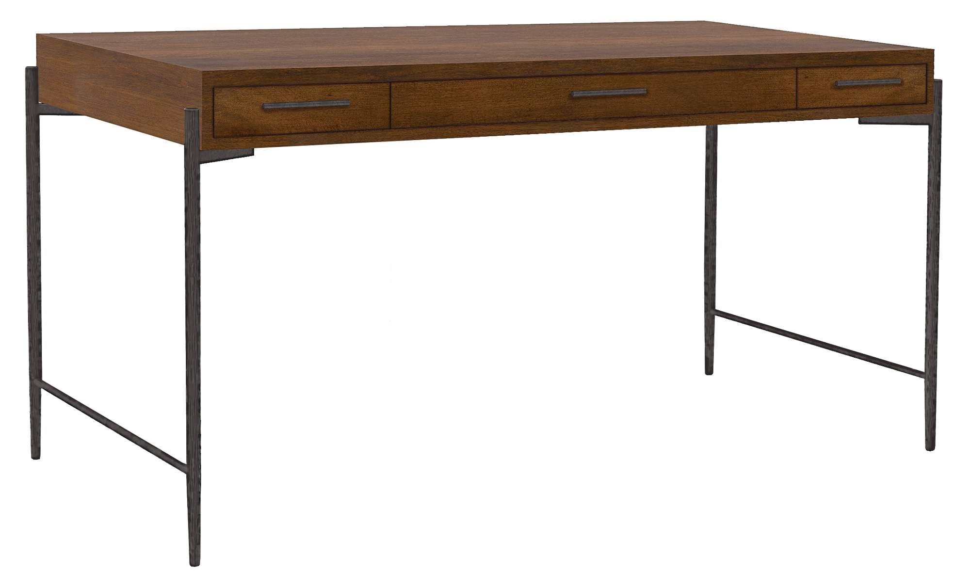 Bedford Park Desk with solid mango wood top, aged iron base, three drawers including a drop-down center drawer