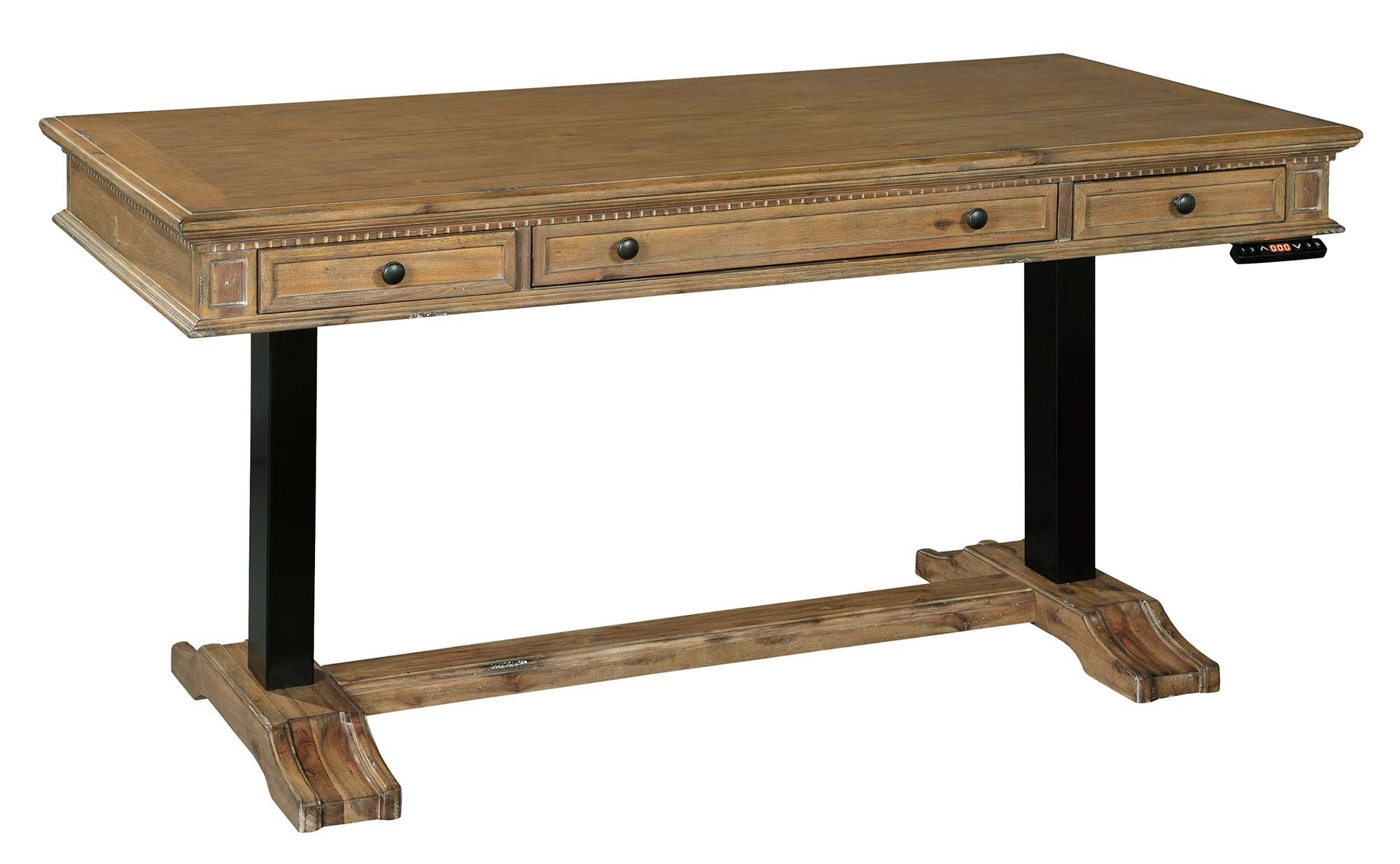 Wellington Hall Adjustable Height Desk with acacia veneer top, framed planked design, three drawers, and black metal legs