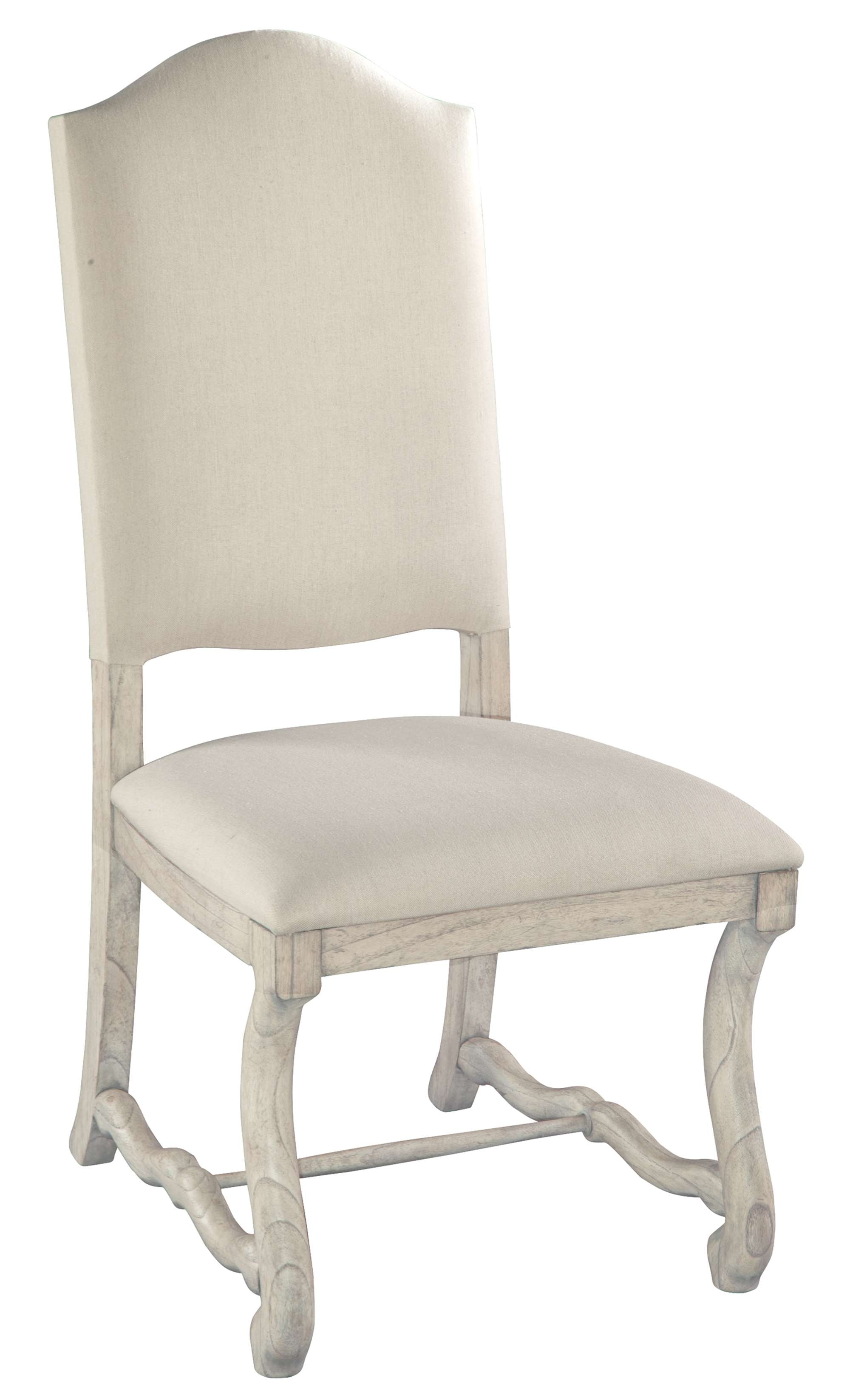 Homestead dining side chair with linen fabric upholstery and whitewashed wood frame in classic farmhouse style