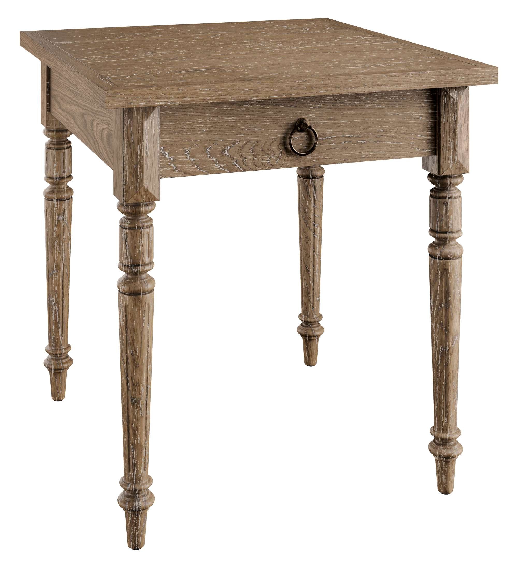 Square wooden end table with turned legs and single drawer featuring a metal ring pull handle in rustic finish