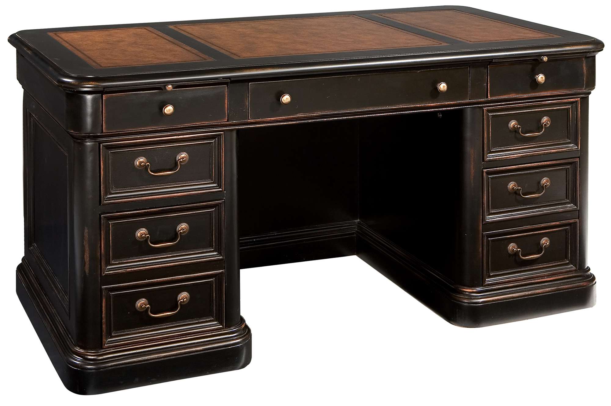 Louis Philippe Junior Executive Desk with distressed finish, leather top with blind tooling, and multiple drawers with brass handles