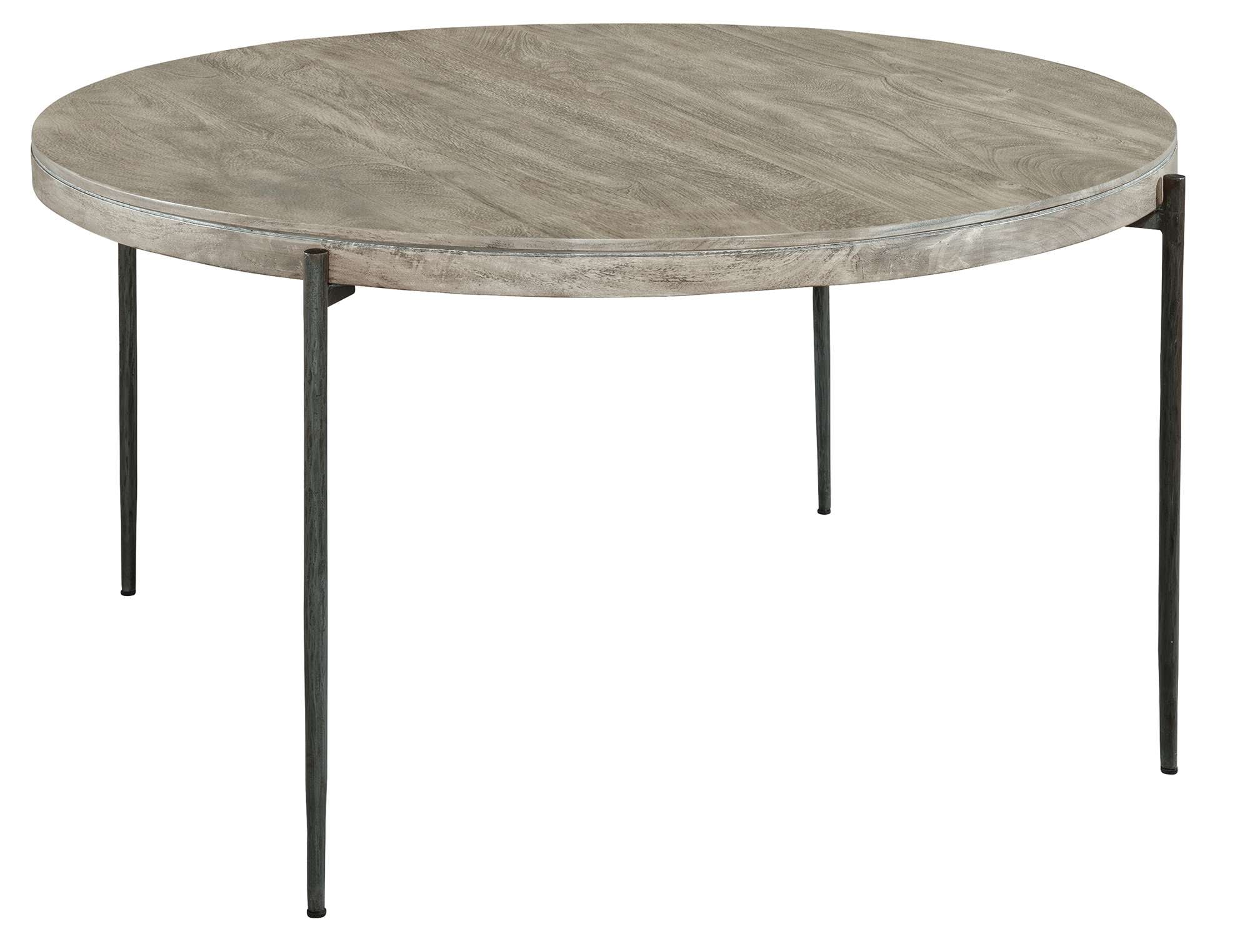 Bedford Park round dining table with mango wood top and slender forged iron legs in a rustic finish