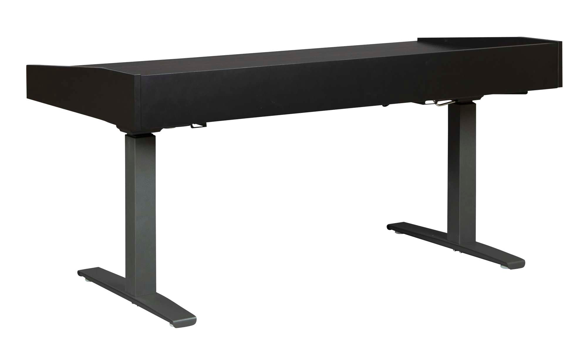 Custom adjustable height desk with black panel top, metal legs, two front drawers with metal slides, modern design
