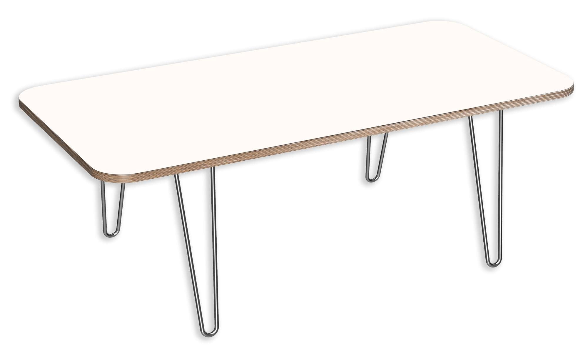 DesignerPly Radiused Coffee Table with rectangular white top, curved edges, multi-ply grain detail, and hairpin metal legs