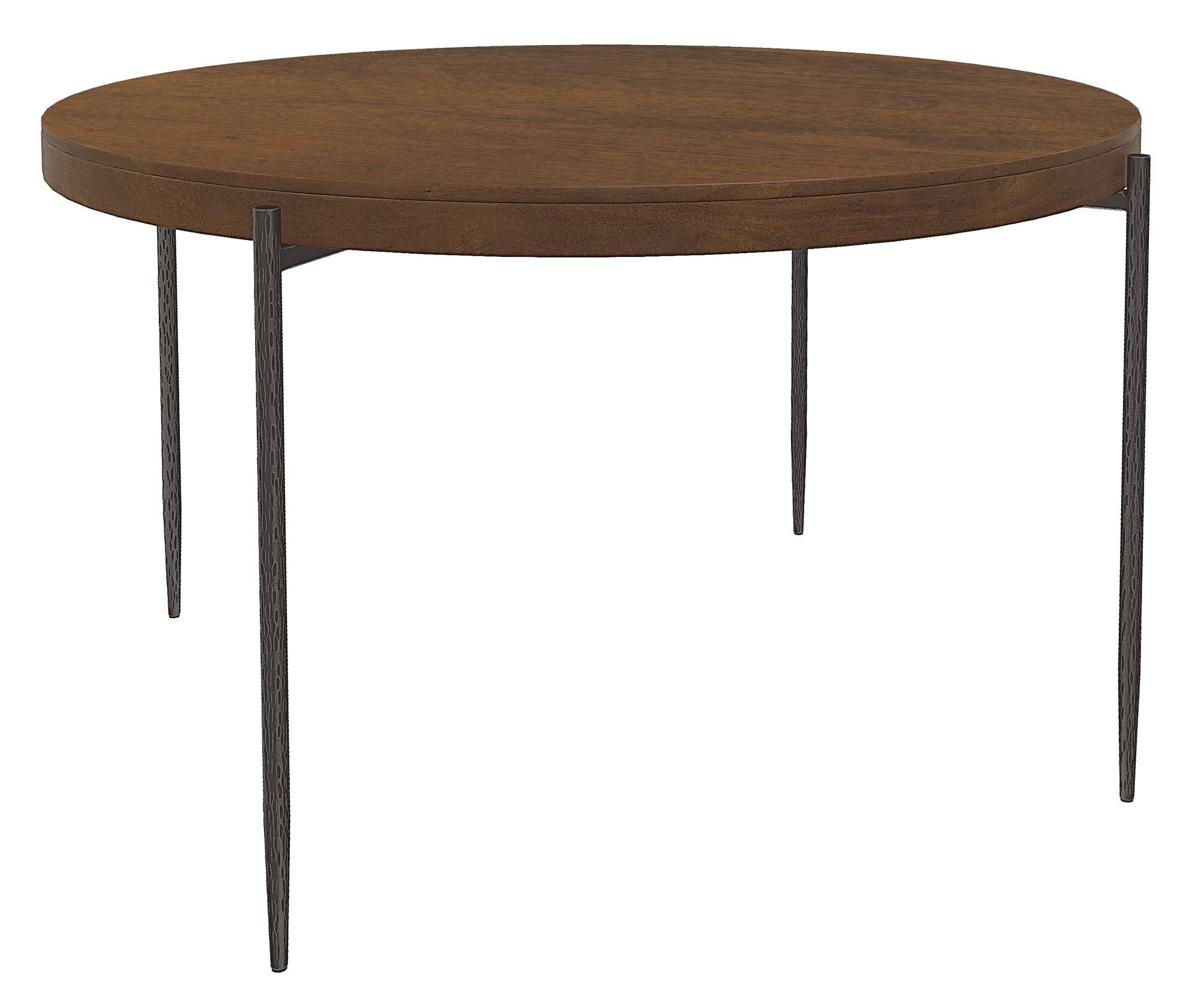 Bedford Park round dining table with solid mango slab top, Bedford Tobacco finish, and hand-forged iron base