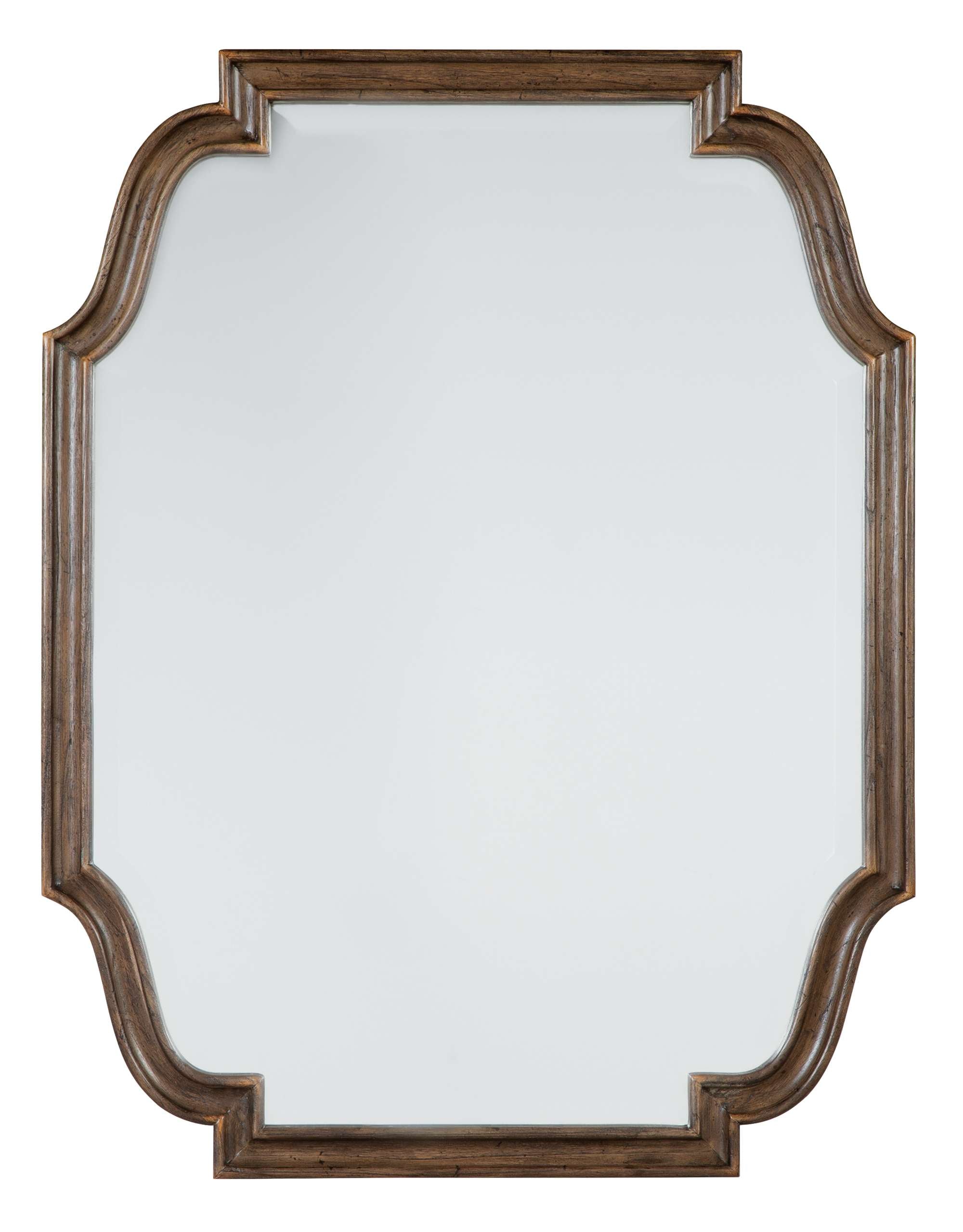 Wexford mirror with carved oak veneer and mindi wood frame, black glaze finish, beveled glass, curved and straight edge design