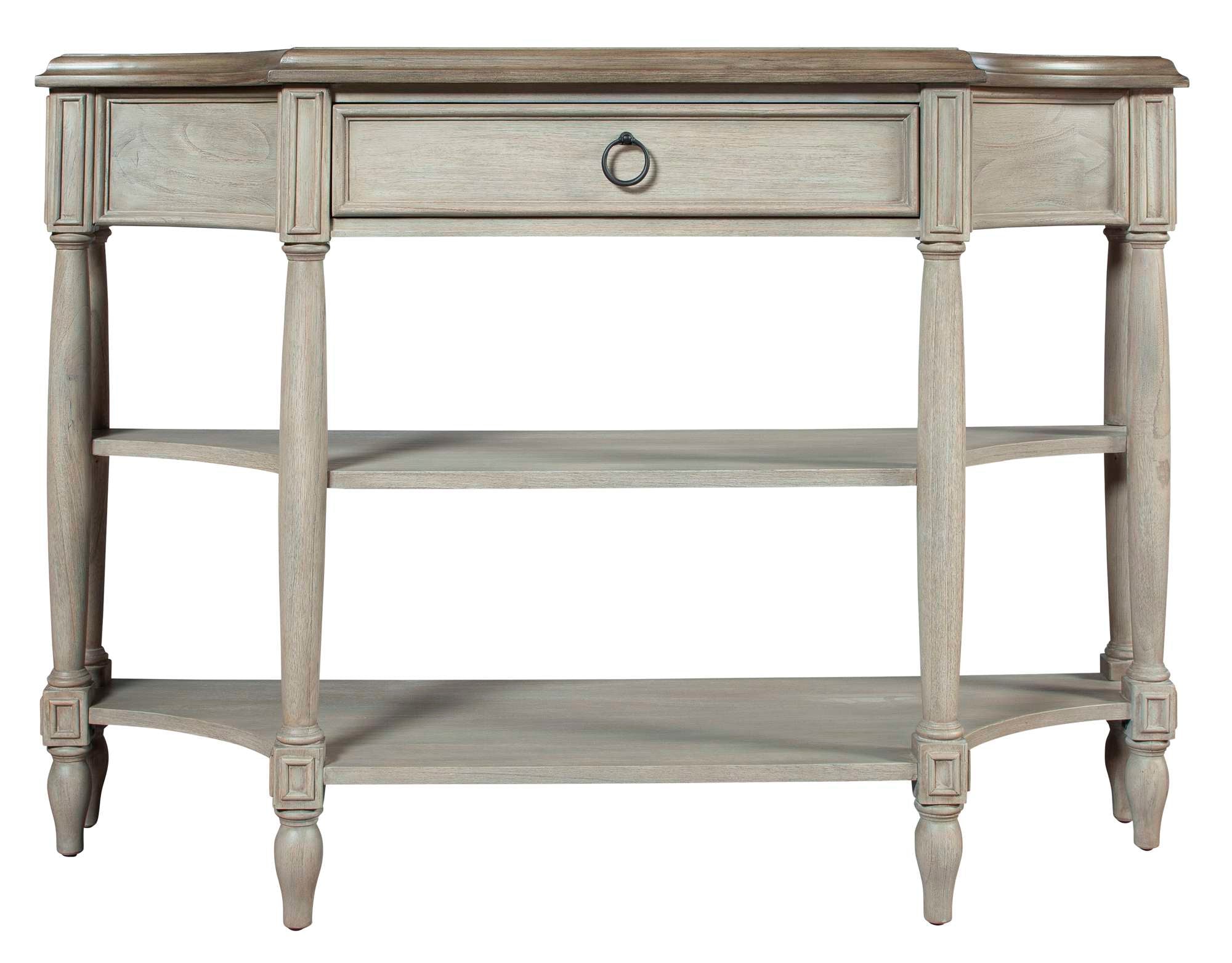 Decorative sofa table with Georgian curves, round-turned legs, single center drawer, two faux drawers, and two lower shelves