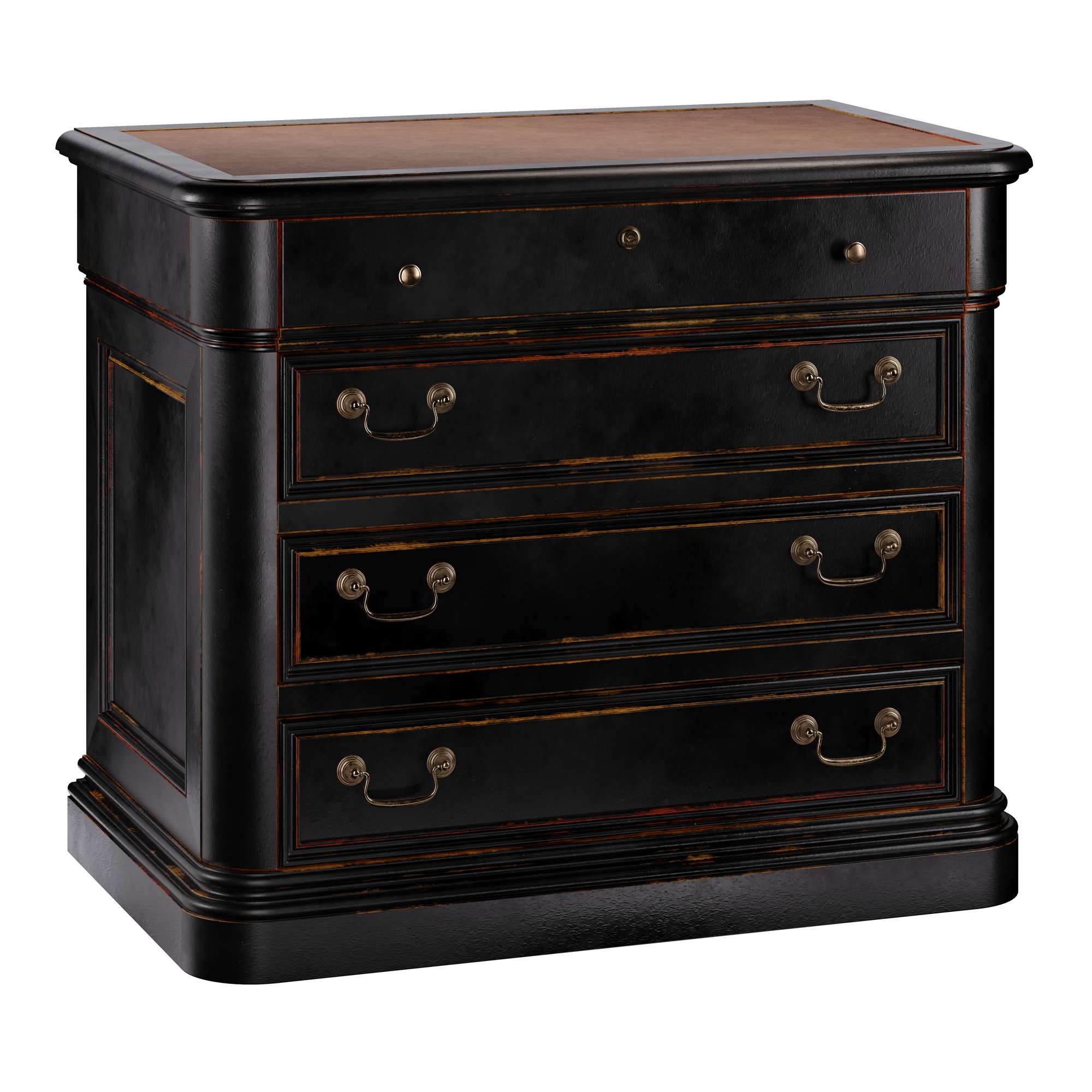 Louis Philippe Executive File Cabinet with distressed hardwood, leather top, locking top drawer, and three brass handle drawers