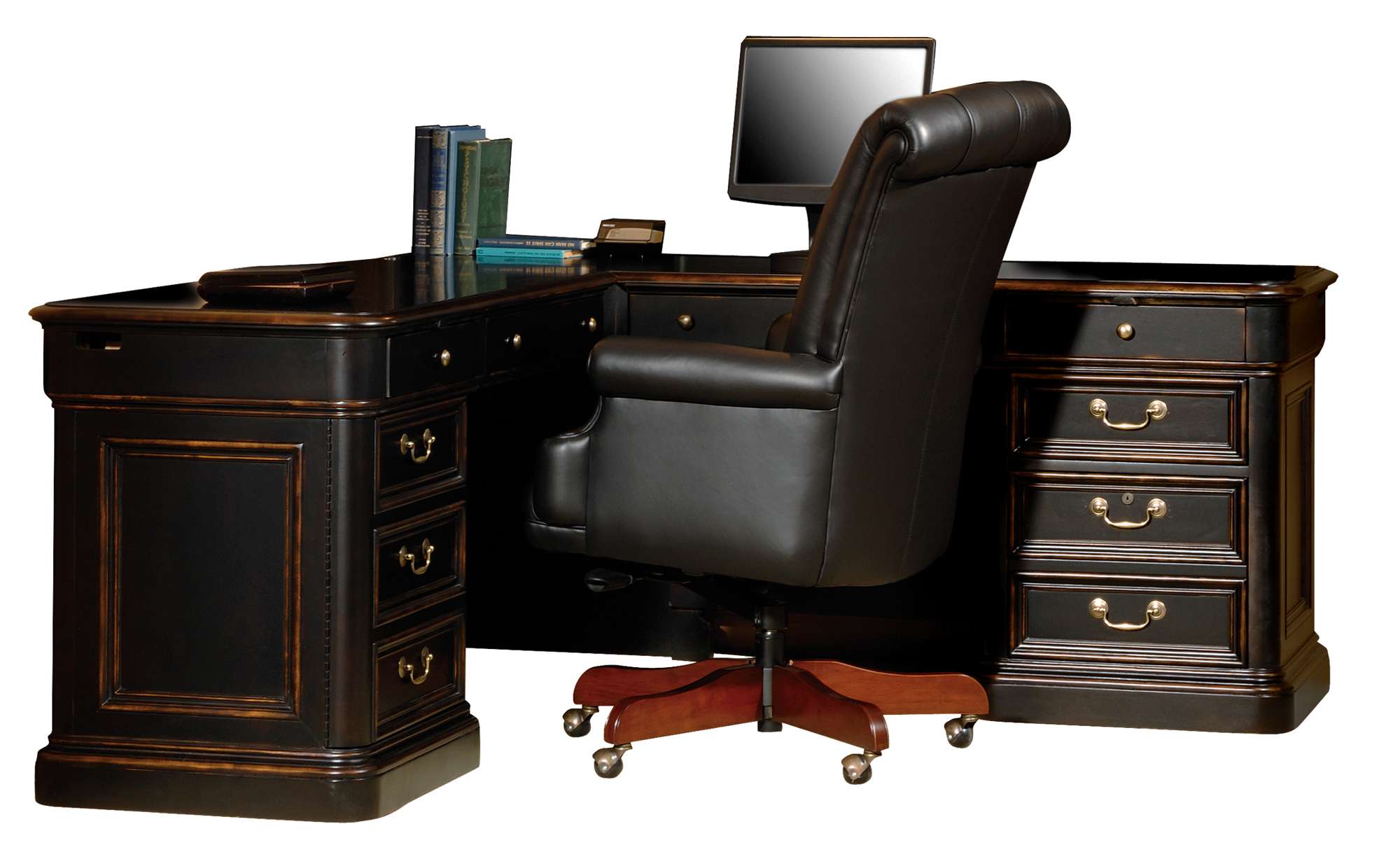 Louis Philippe executive L-shape desk with distressed finish, veneer top, multiple drawers, and wire management features