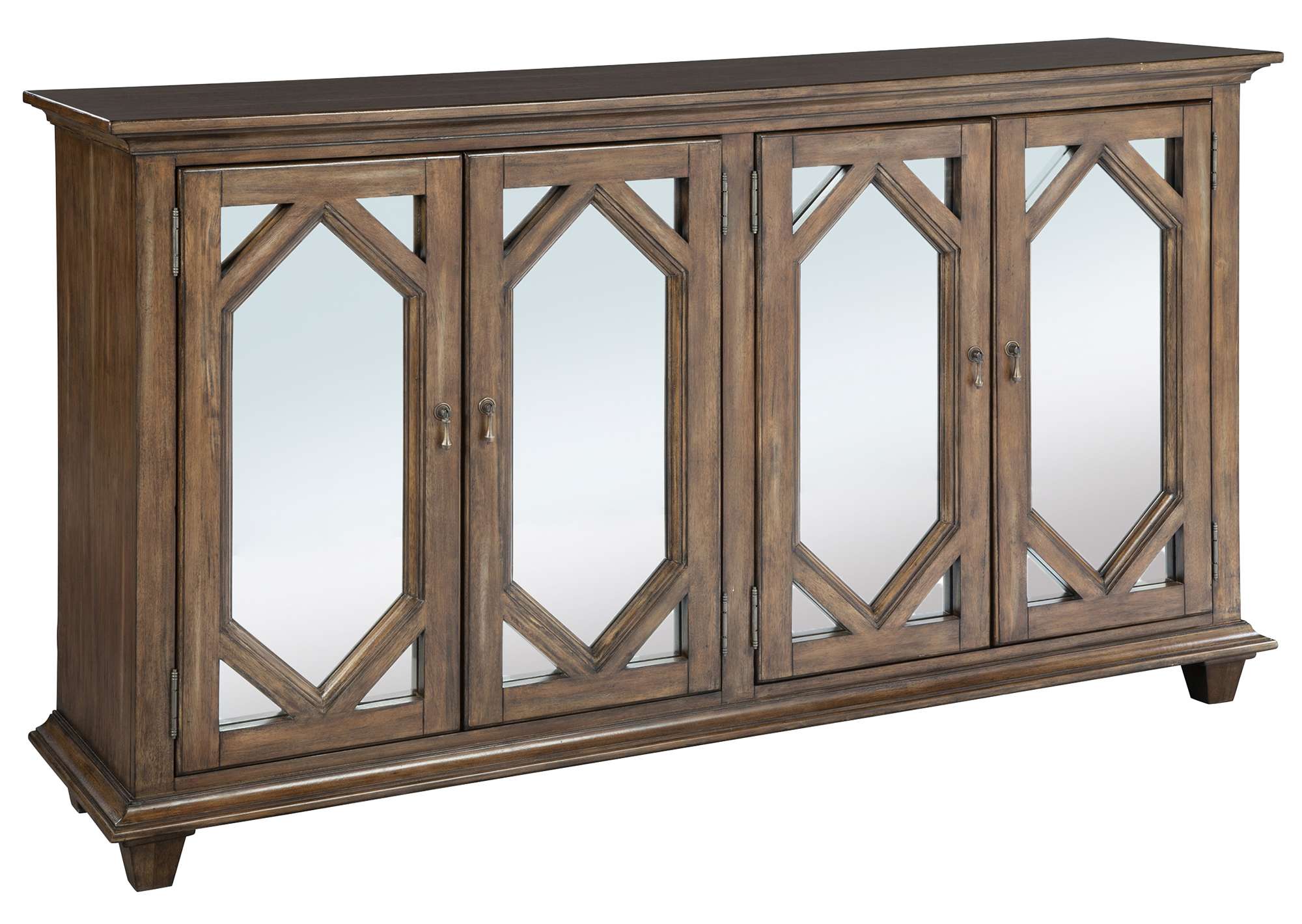 Entertainment console with select solid wood and acacia veneers, carved hexagonal door frets, mirrored glass, and dark nickel pulls