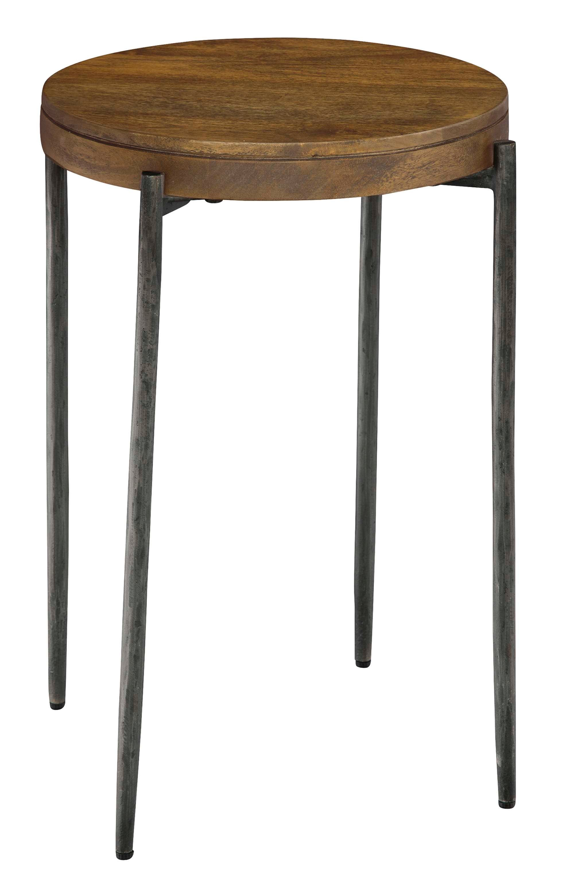Bedford Park round end table with solid mango slab top, forged iron base, and Bedford finish, 25 inches high