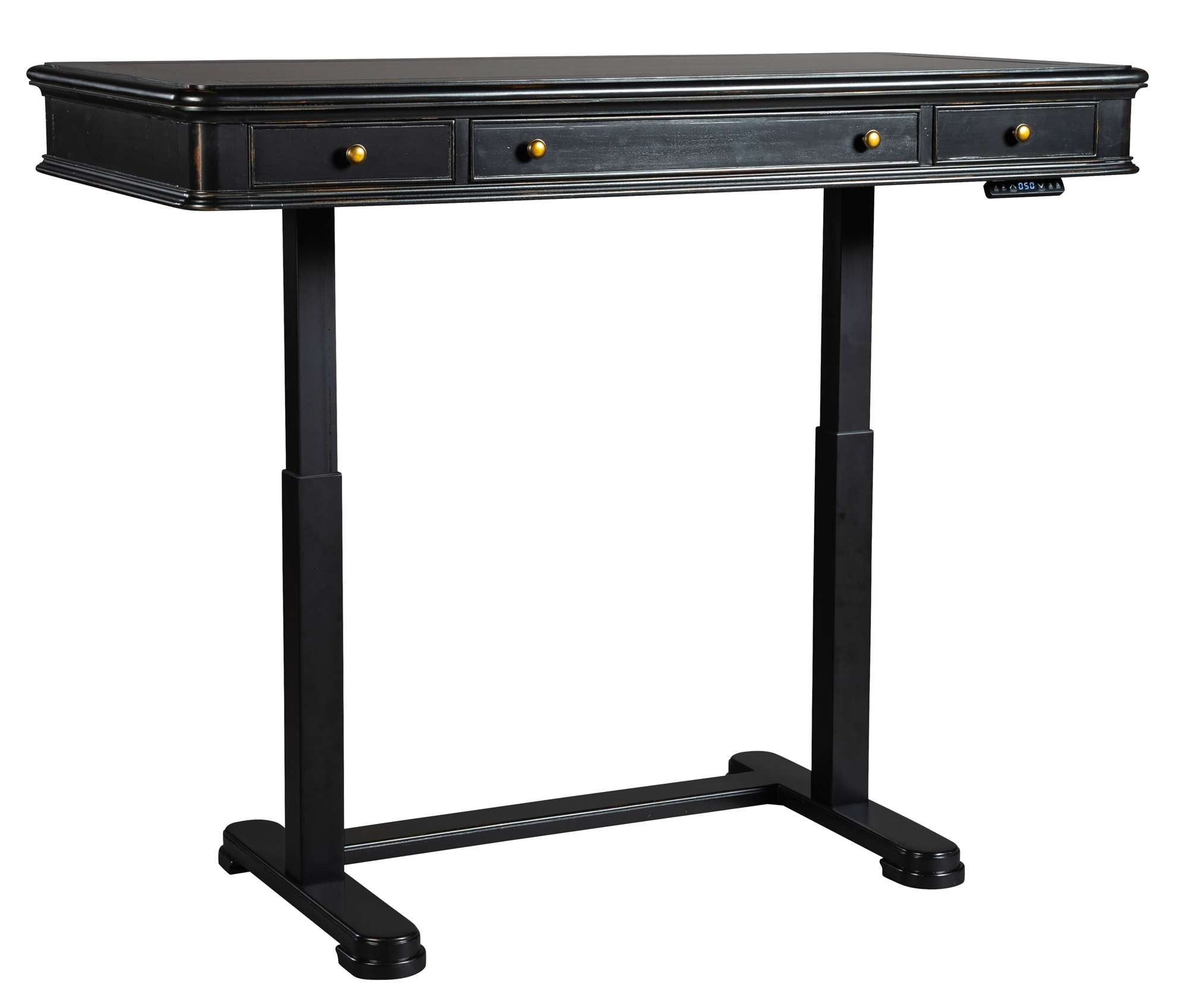 Louis Philippe adjustable height desk with hardwood and veneer top, three drawers, brass knobs, and black metal base