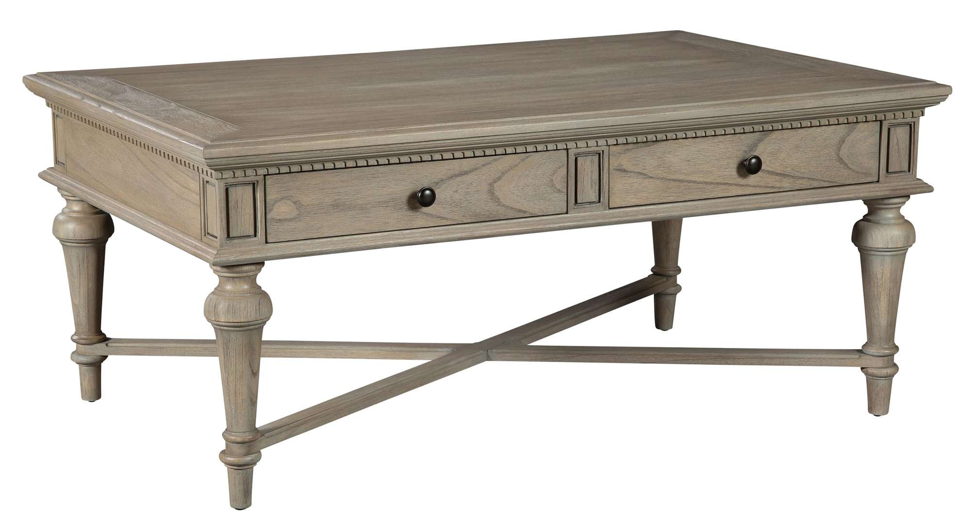 Wellington Estates rectangle coffee table with mindi veneers, two drawers, tapered legs, cross stretcher, and driftwood finish