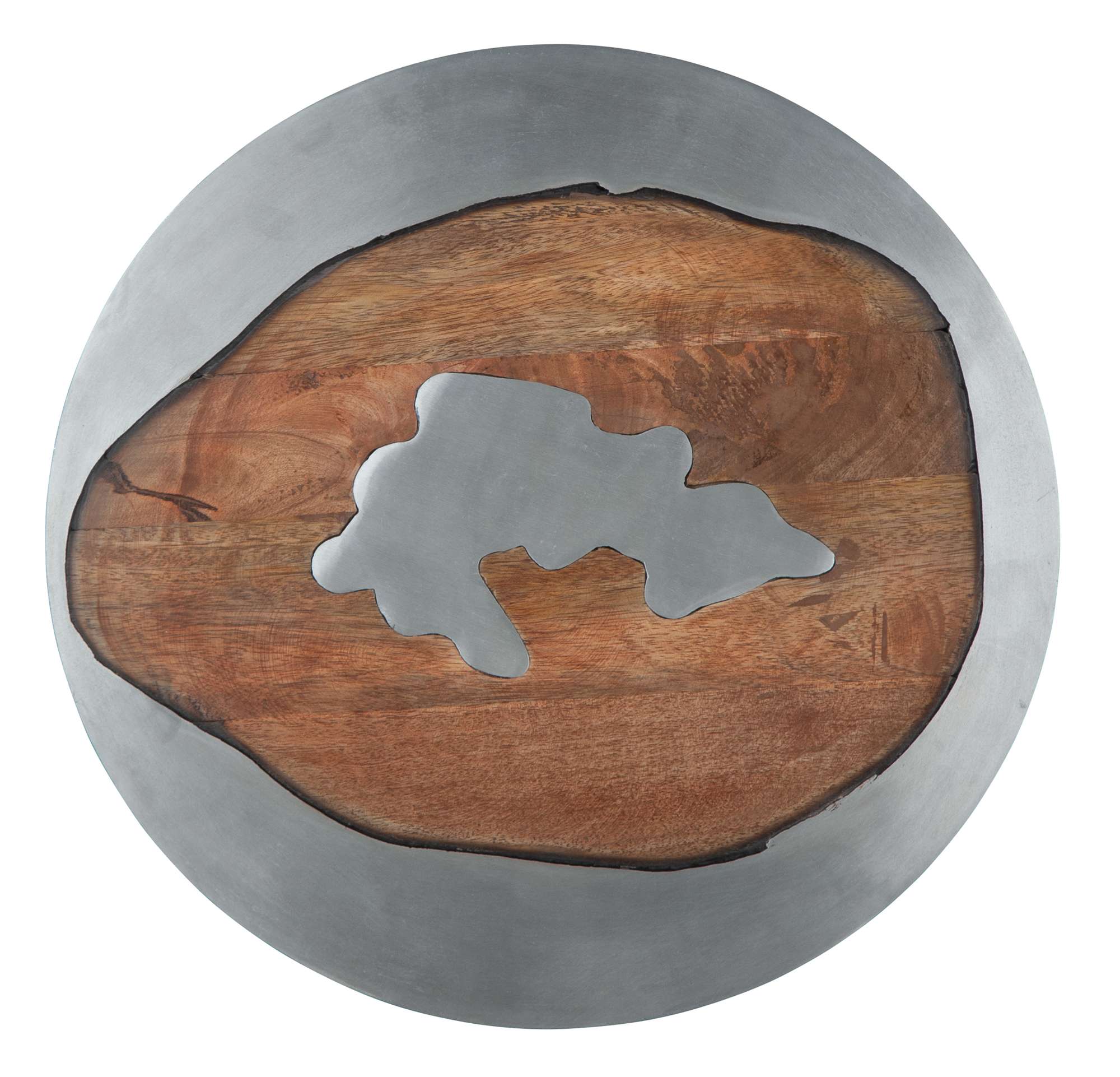 Round end table with polished aluminum frame and natural wood top featuring organic irregular design center detail