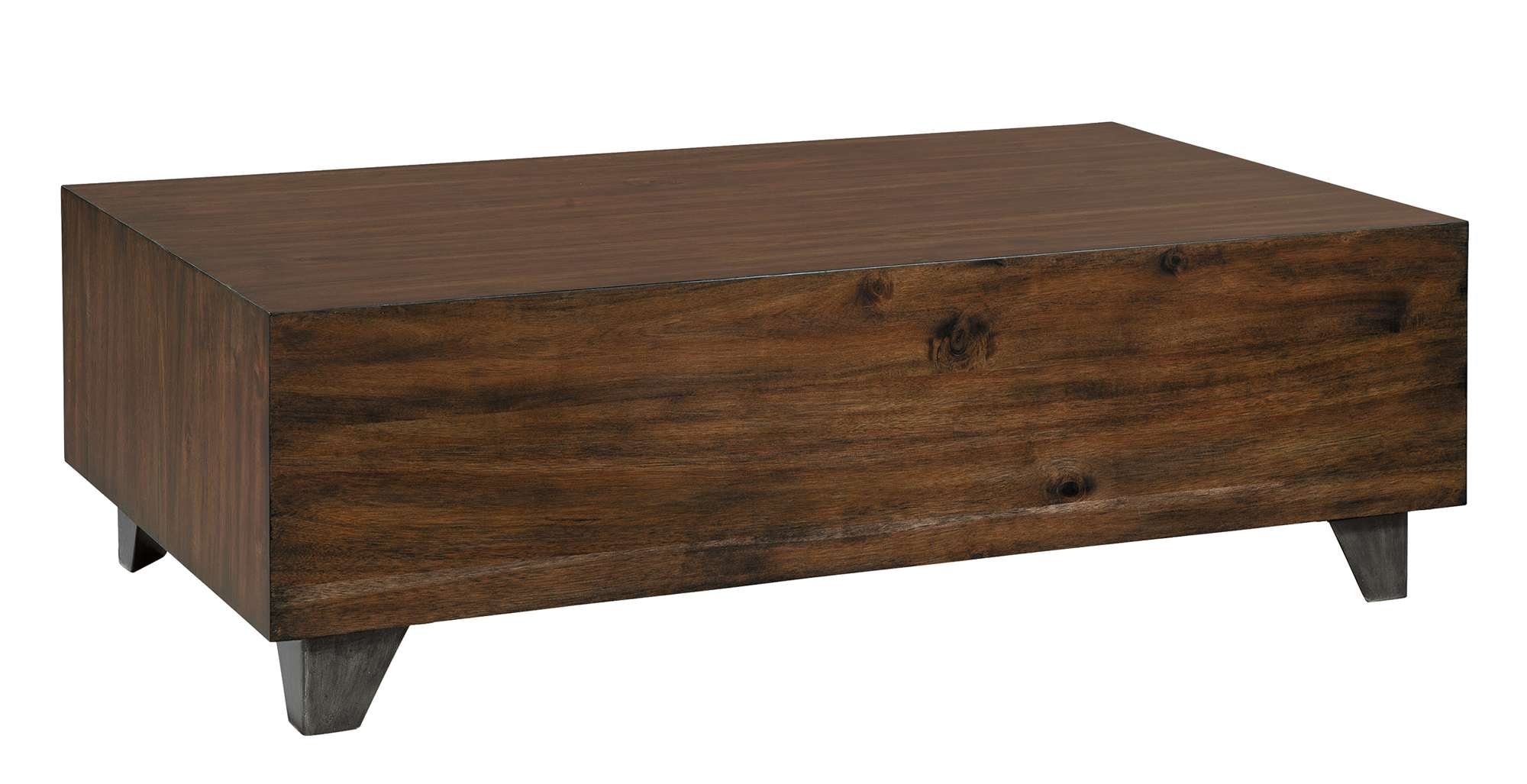 Monterey Point coffee table with 12" thick acacia wood top and tapered forged metal feet in deep brown finish
