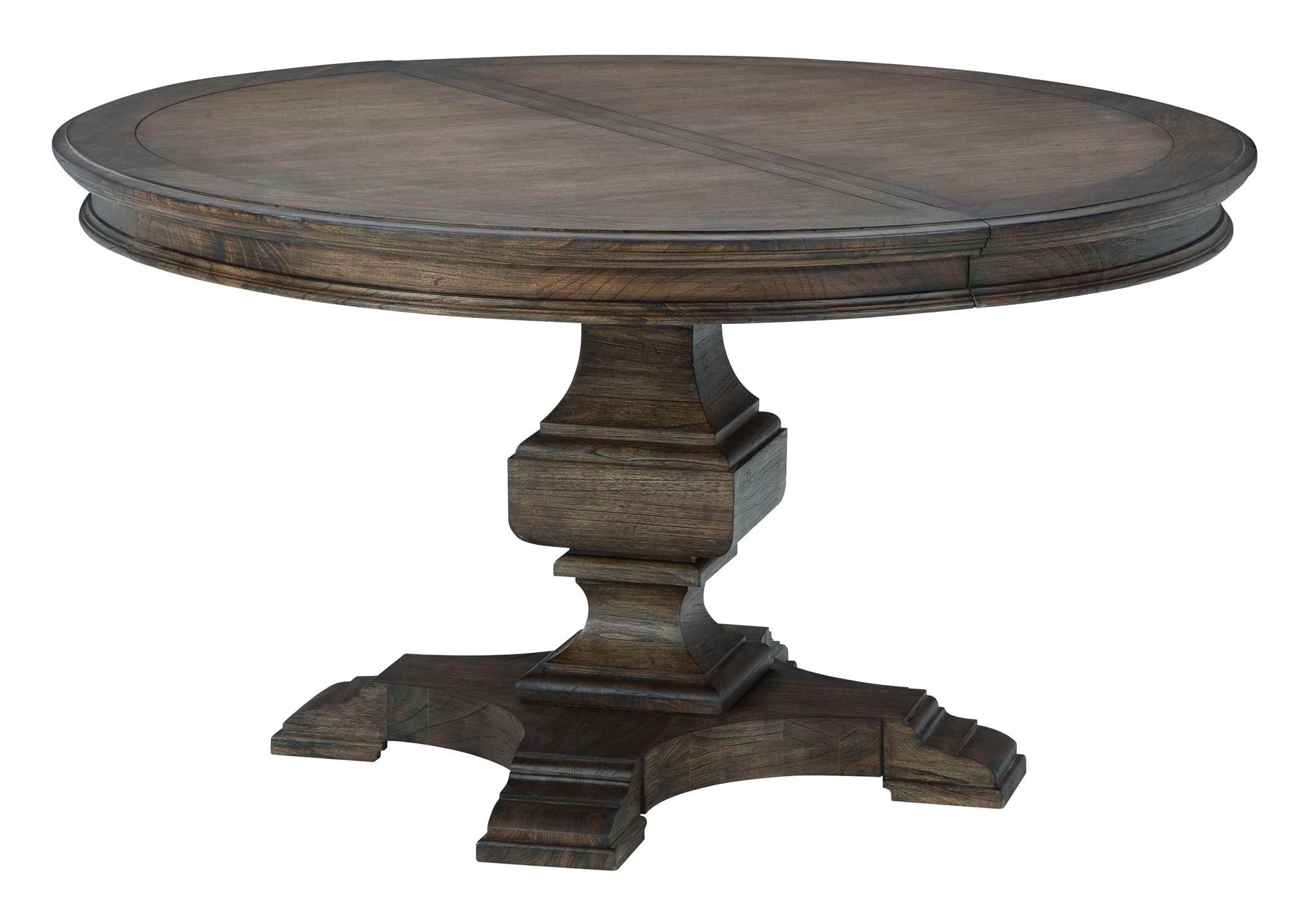 Wellington Estates dining table with molded edge mindi veneer top, hand-turned urn pedestal base, and Java finish