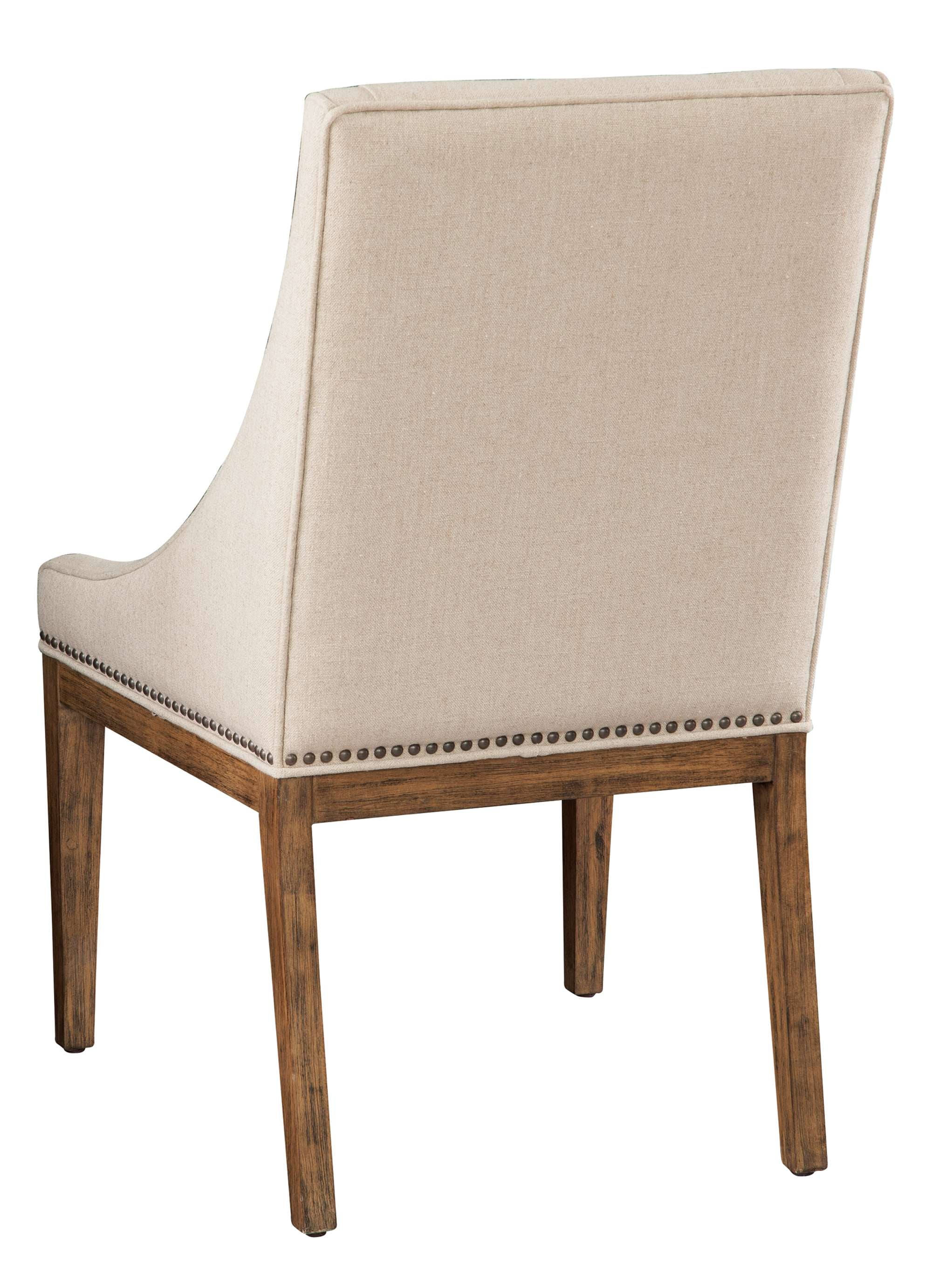 Bedford Park dining arm chair with heavyweight linen upholstery, nickel nailhead trim, and Bedford finish wood frame